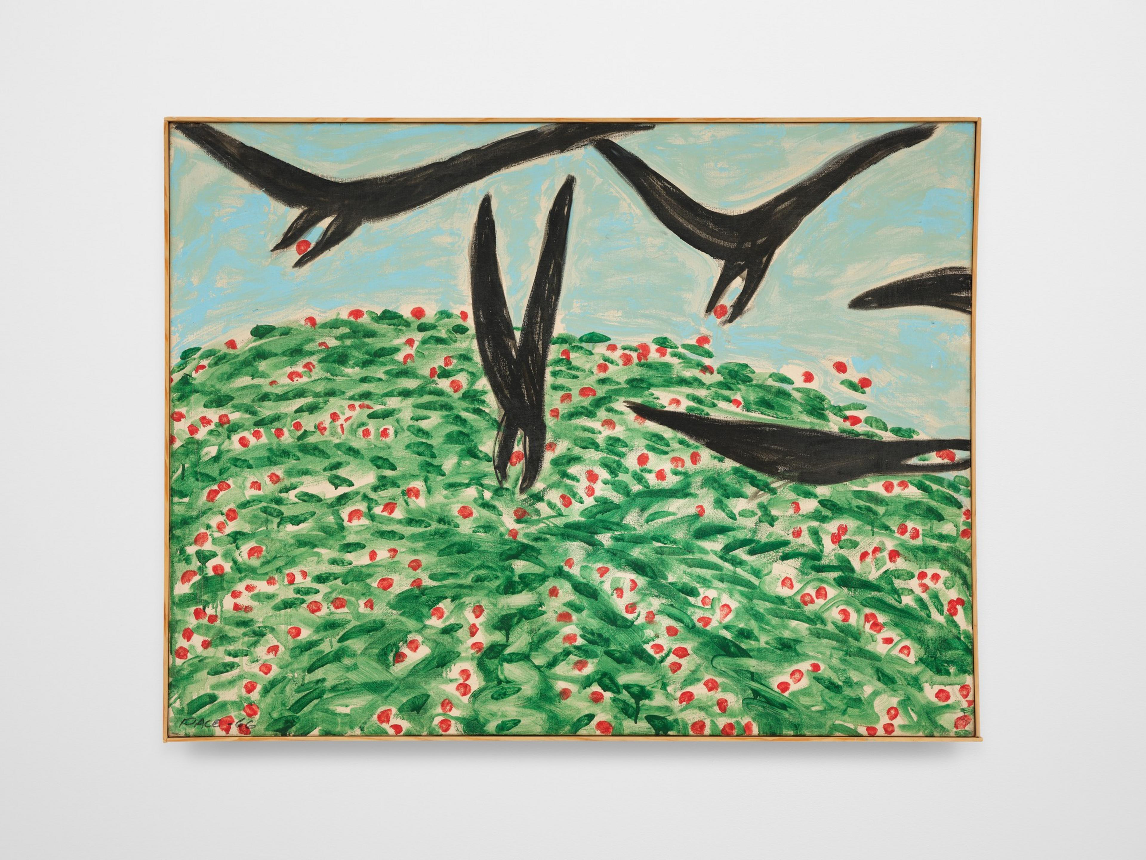 The image features an abstract painting depicting black birds with red-tipped beaks flying above a lush green bush sprinkled with red berries against a blue sky.