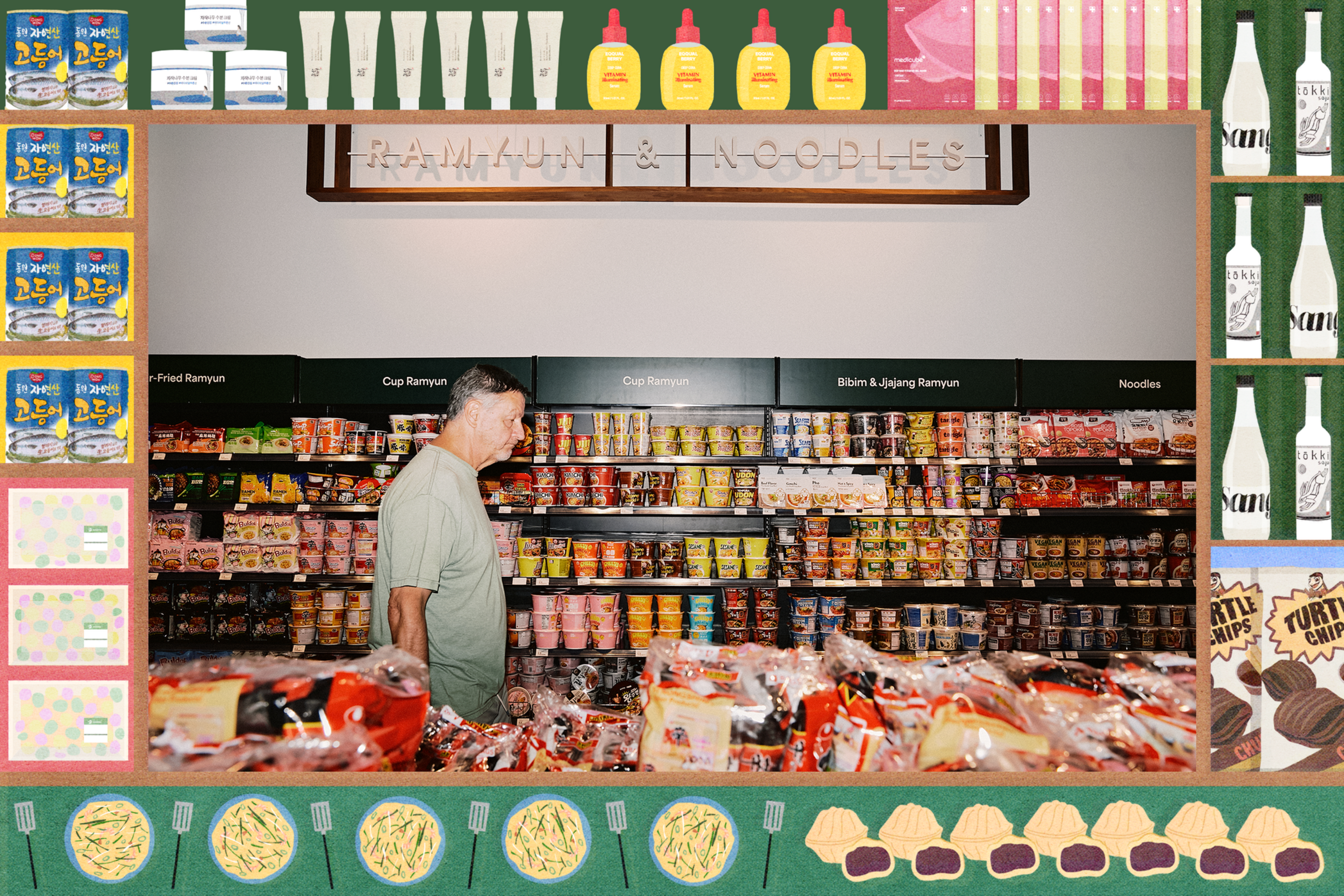 A man in a green shirt shops in an aisle labeled "Ramyun & Noodles," surrounded by various instant noodle cups and packages.
