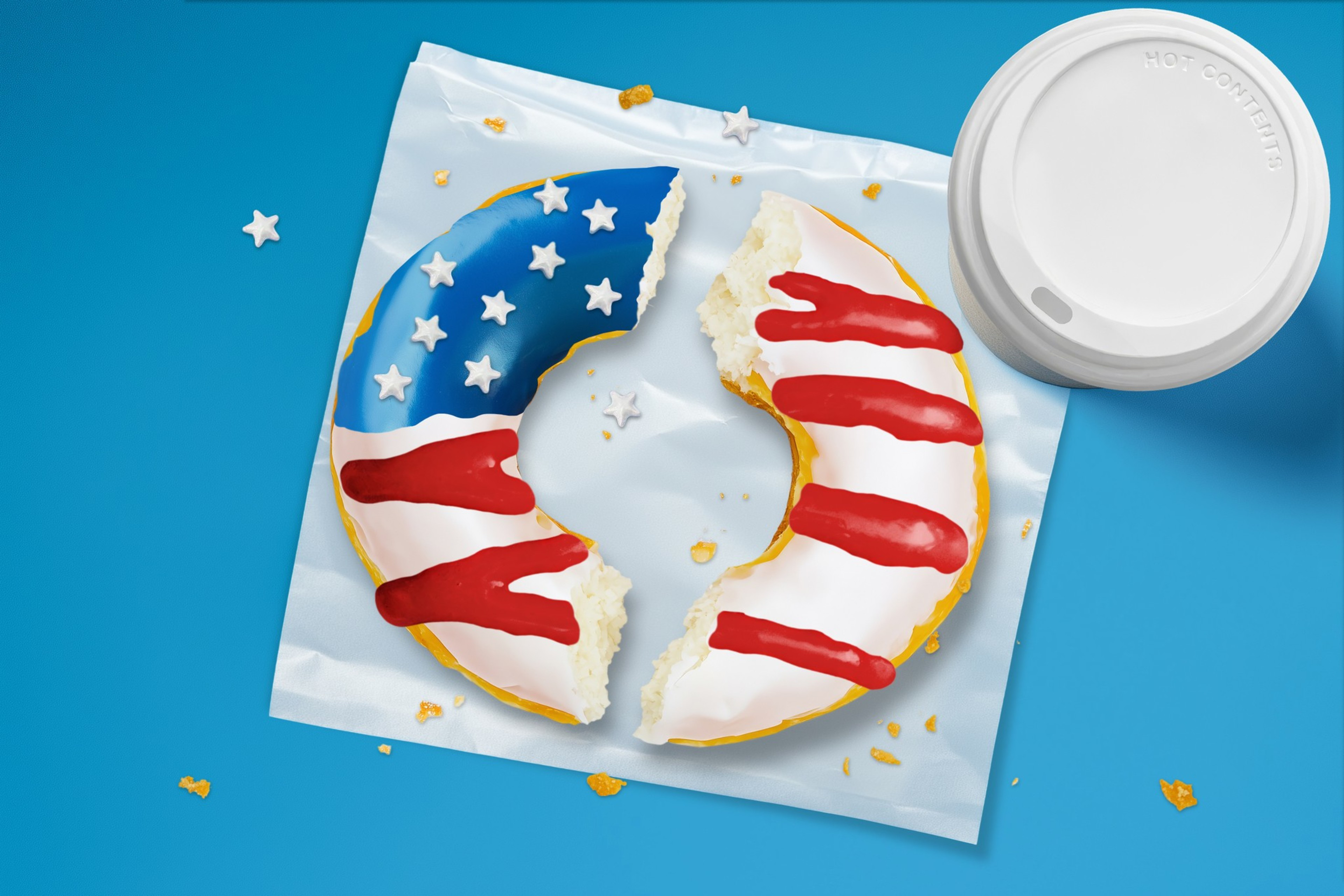 An illustration of a donut cut in half sitting next to a cup of coffee.
