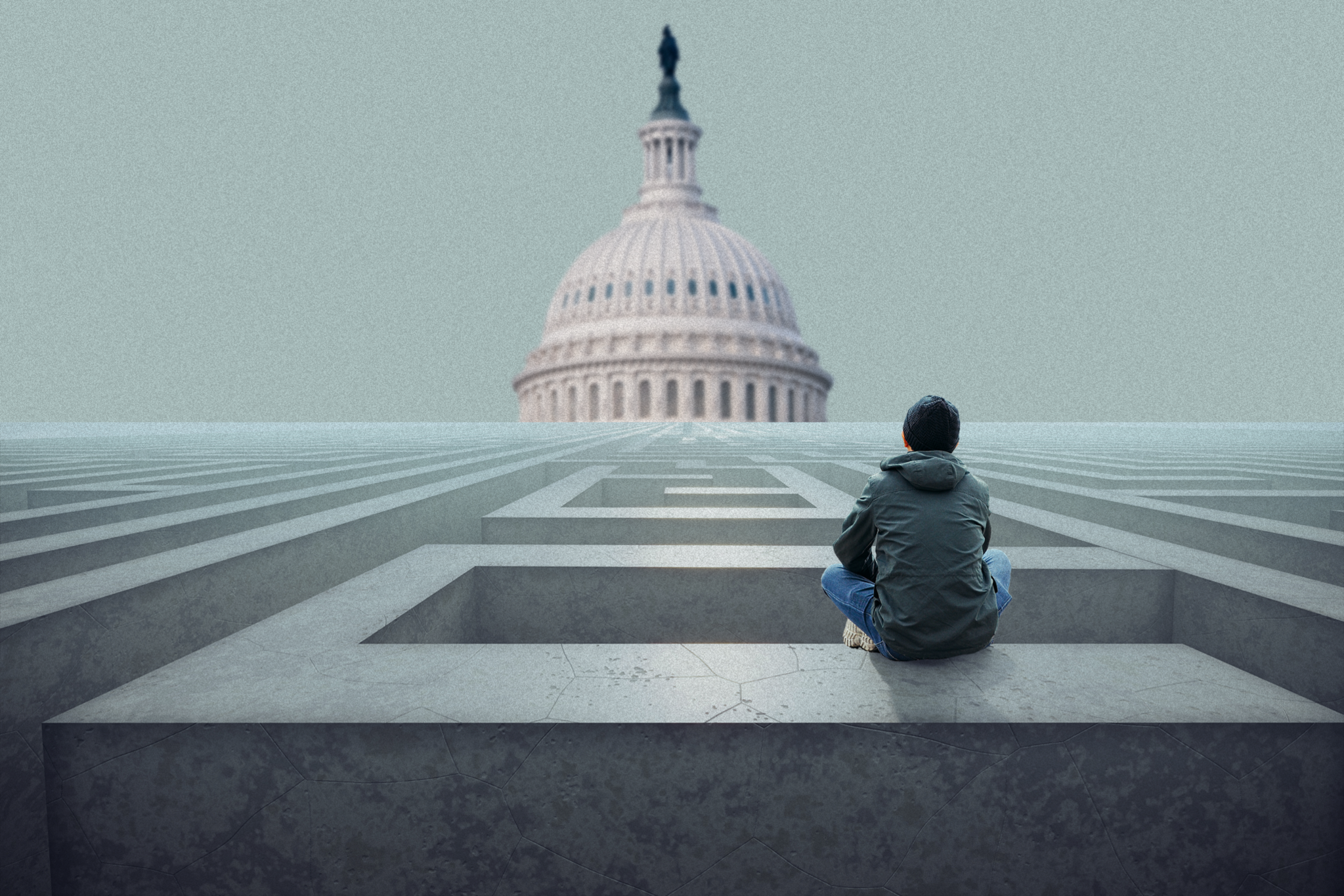 A person in a jacket sits on the edge of a concrete maze, facing a large dome structure in the distance. The sky is overcast, creating a surreal atmosphere.
