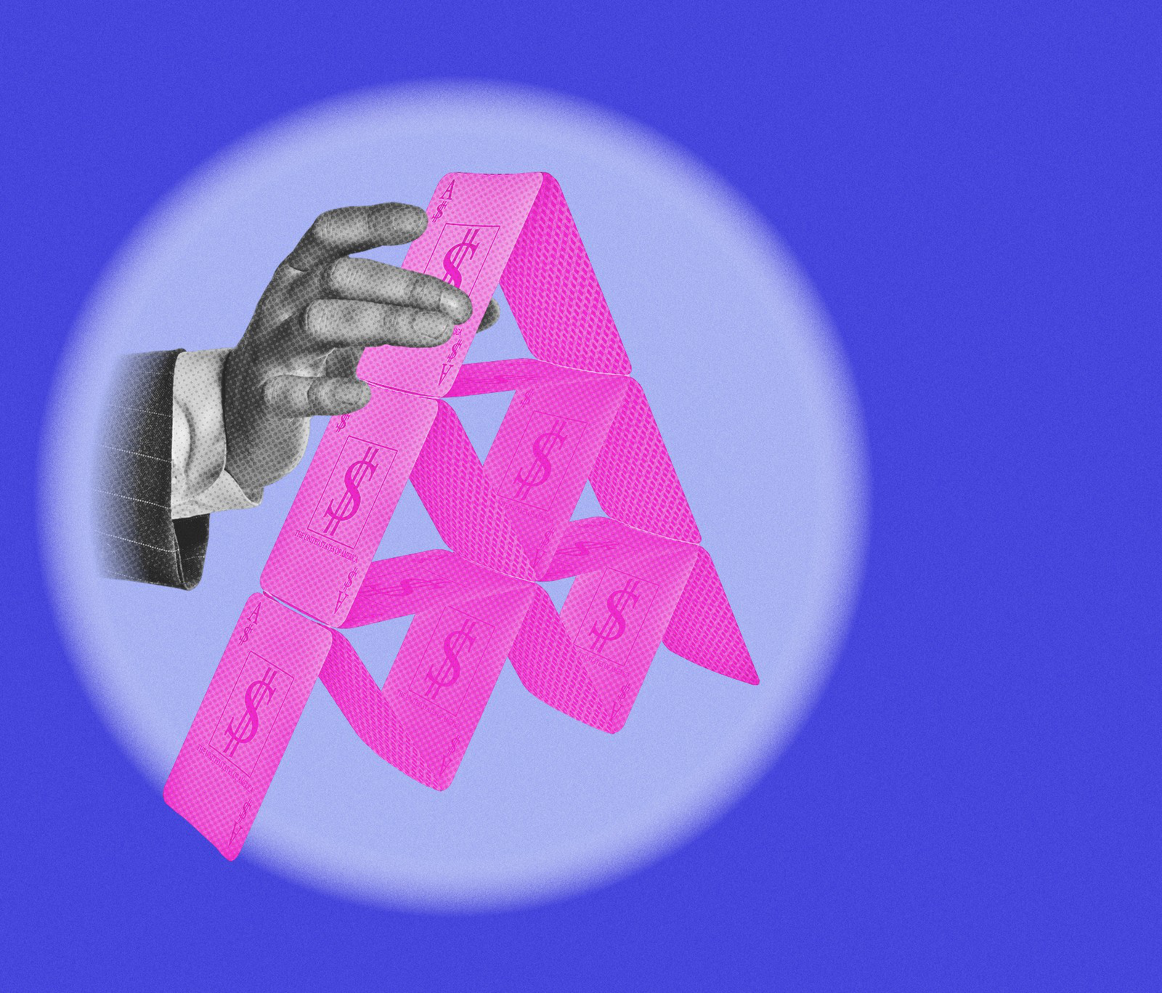 A photo illustration depicting a hand pulling a stack of cards