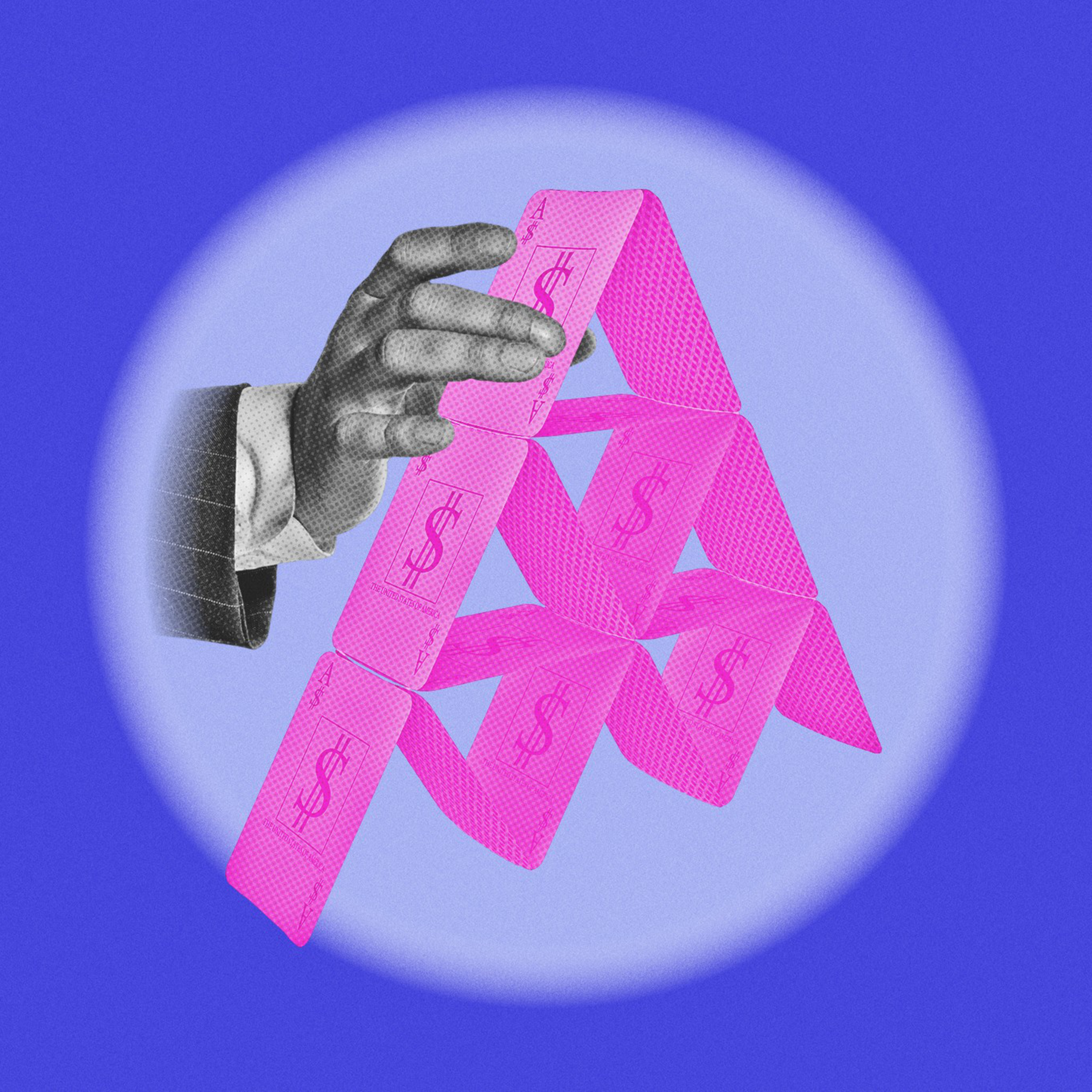 A photo illustration depicting a hand pulling a stack of cards