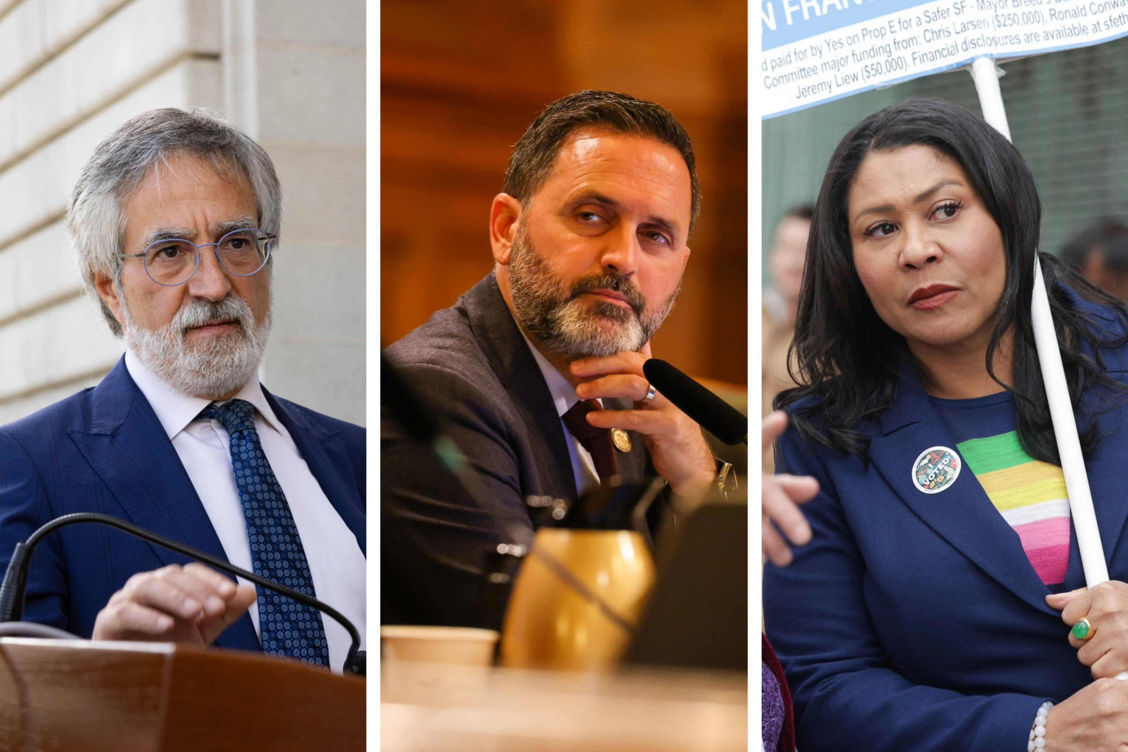 In a composite image, Supervisor Aaron Peskin stands at a podium, Supervisor Ahsha SafaÃ­ looks contemplatively during a meeting and Mayor London Breed looks inquisitively while holding a sign.