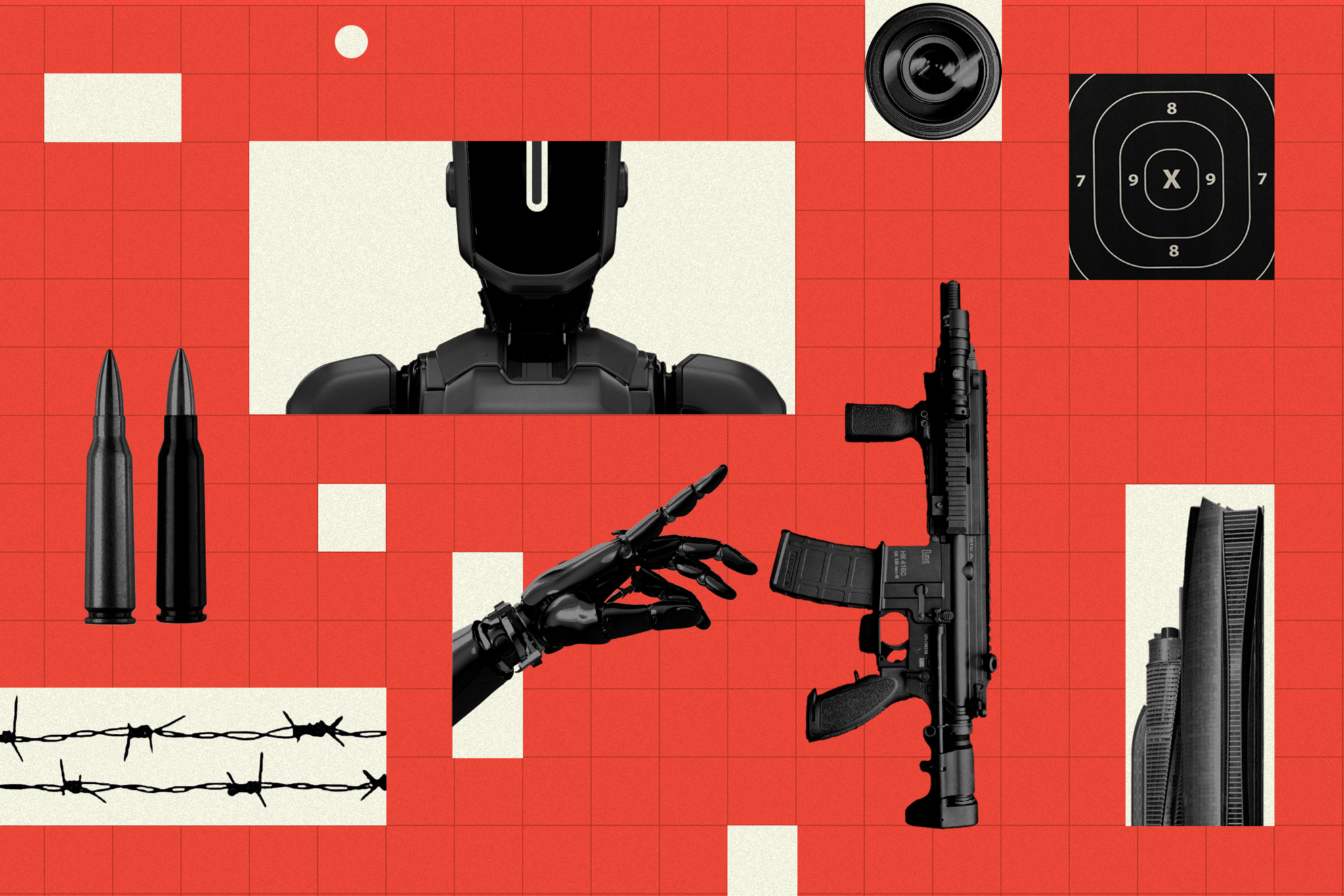 A black robot torso and hand reach toward a black rifle, surrounded by bullets, barbed wire, a camera lens, a shooting target, and skyscrapers on a red grid background.