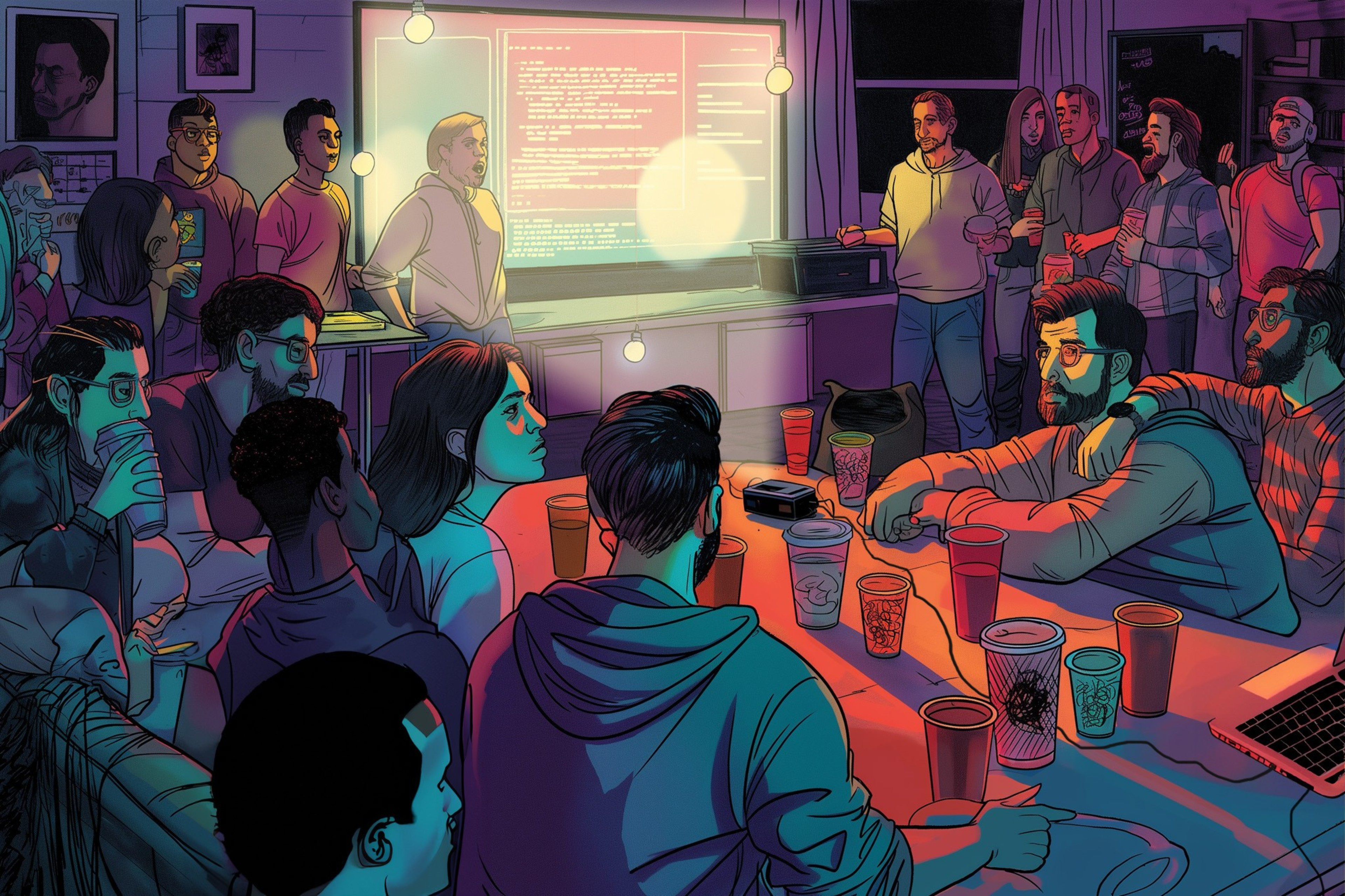 A diverse group of people attentively watching a presentation in a dimly lit room with a projector screen.