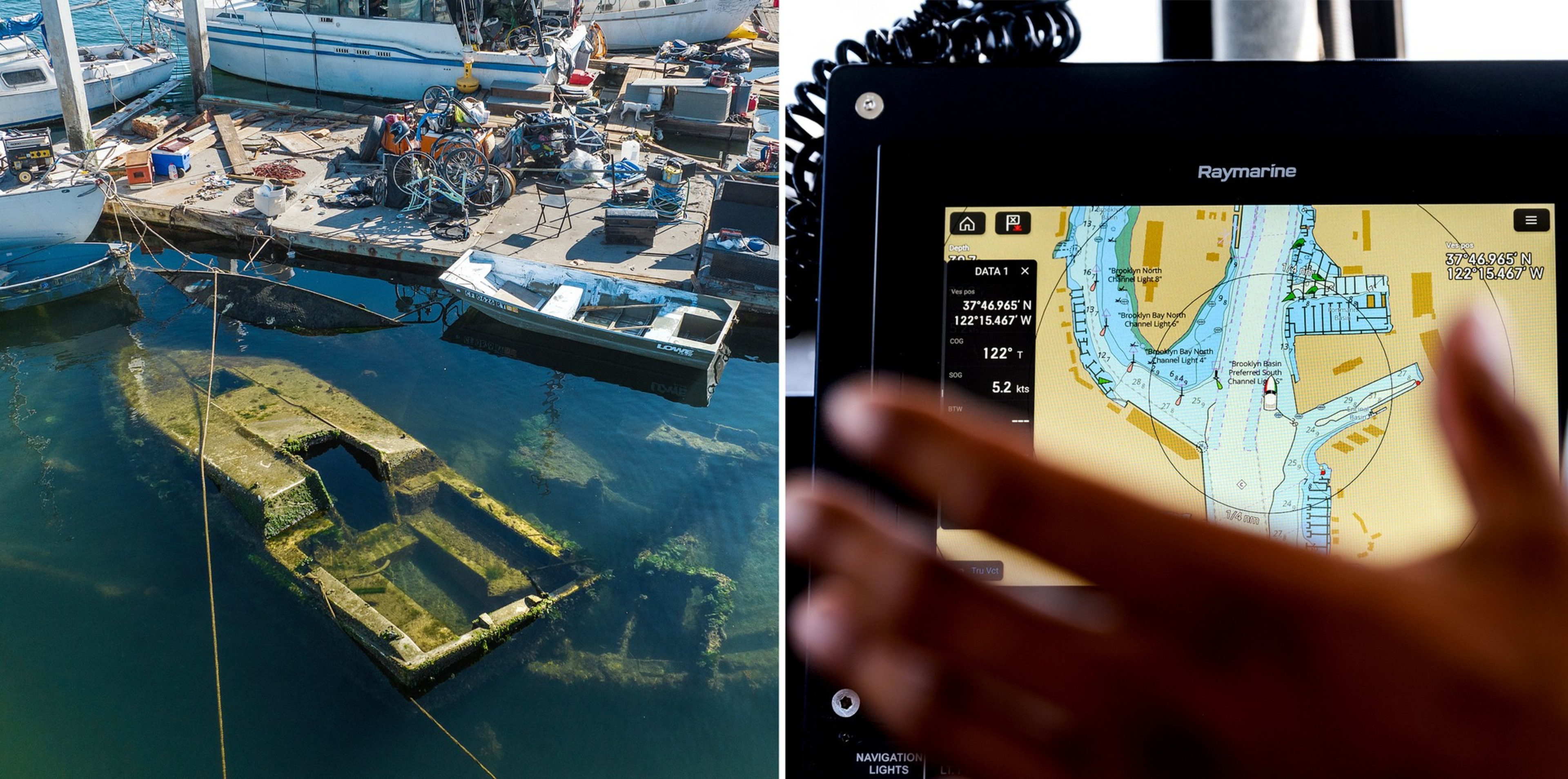 A submerged boat wreck covered in algae sits near a dock with boats and equipment, while a hand gestures toward a marine navigation screen showing a harbor map.