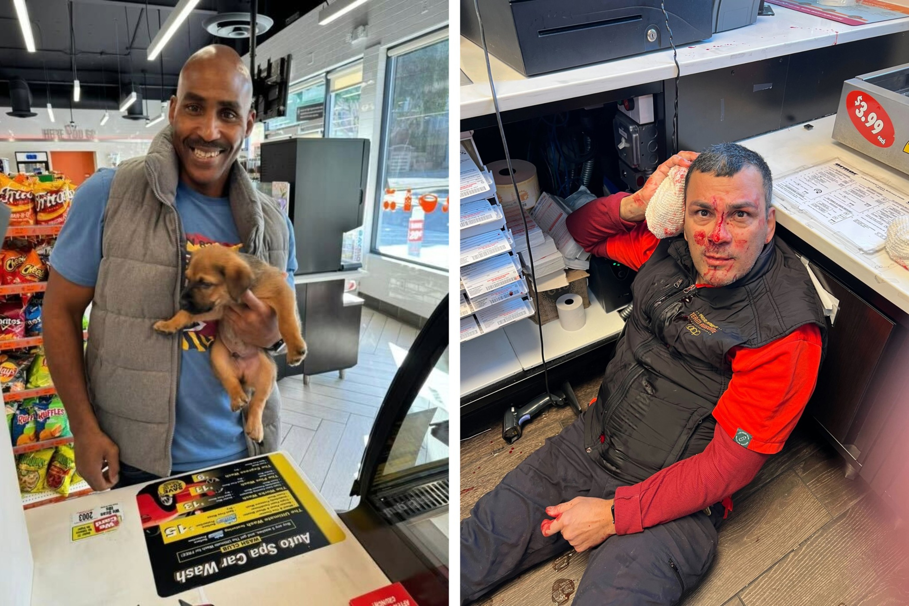 A man smiles in a store holding a puppy. Another man with a bloodied face sits on an office floor, injured.