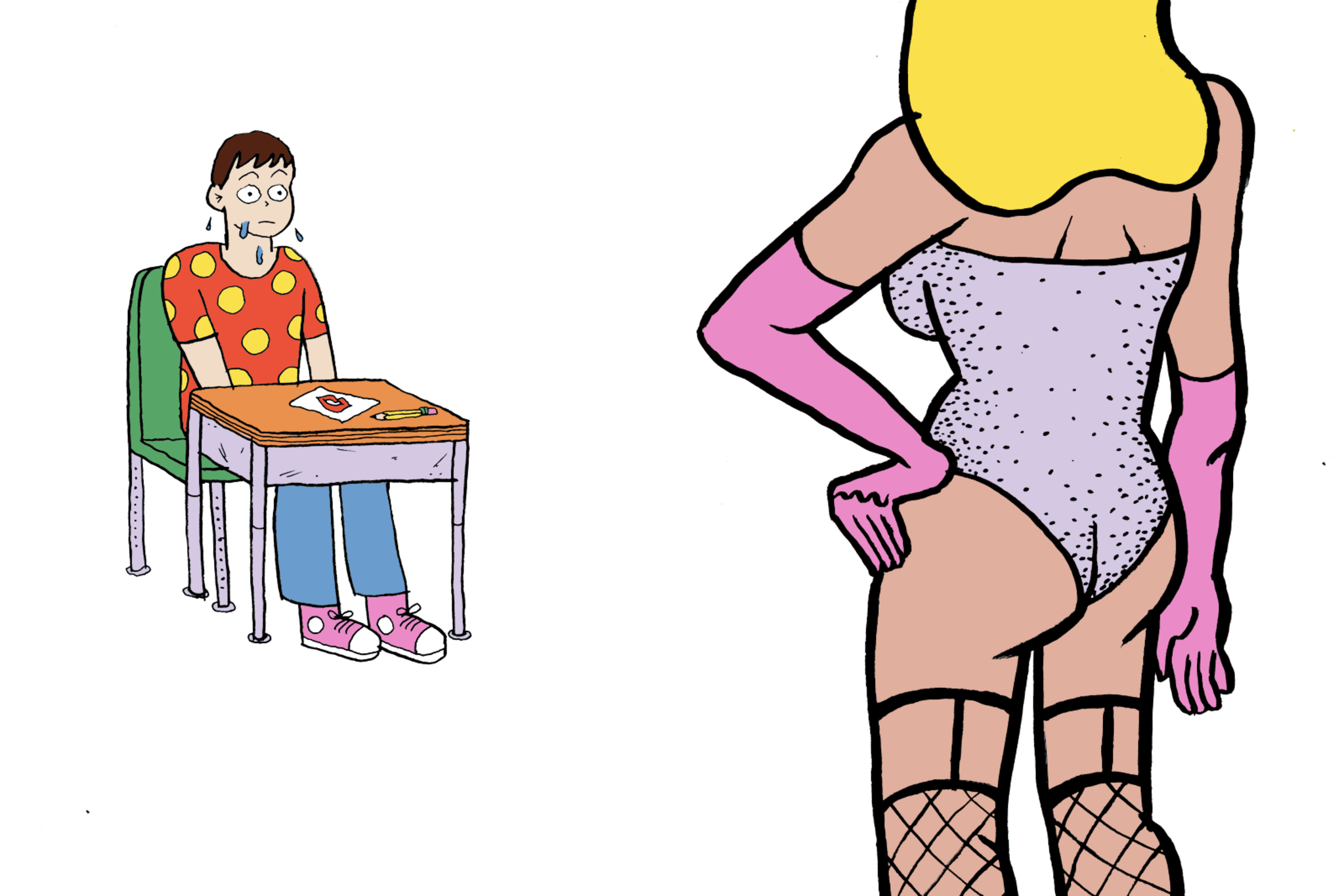 A nervous young man with drool sits at a desk, staring at a confident woman in fishnet stockings, pink gloves, and a sparkling bodysuit with blonde hair.