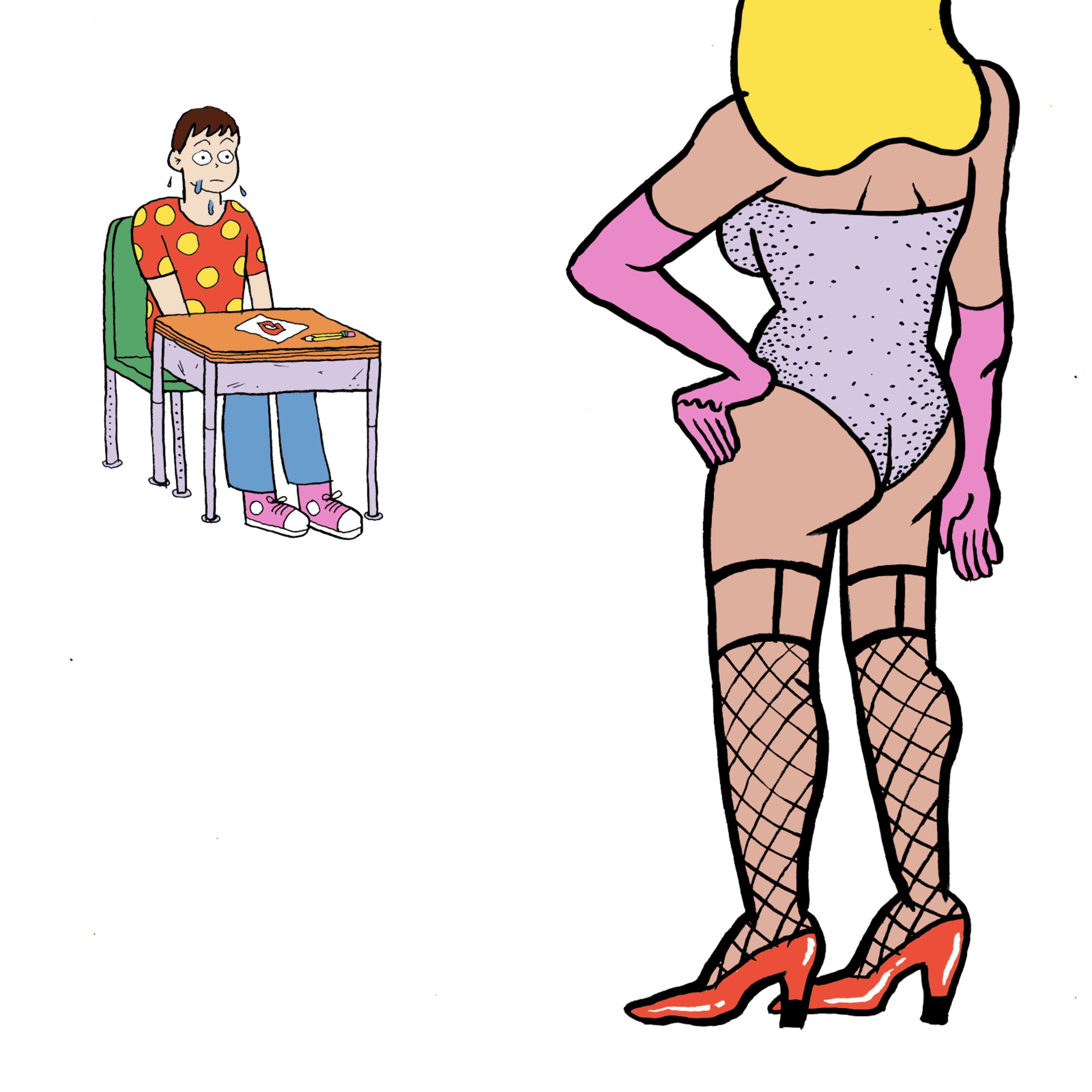 A nervous young man with drool sits at a desk, staring at a confident woman in fishnet stockings, pink gloves, and a sparkling bodysuit with blonde hair.