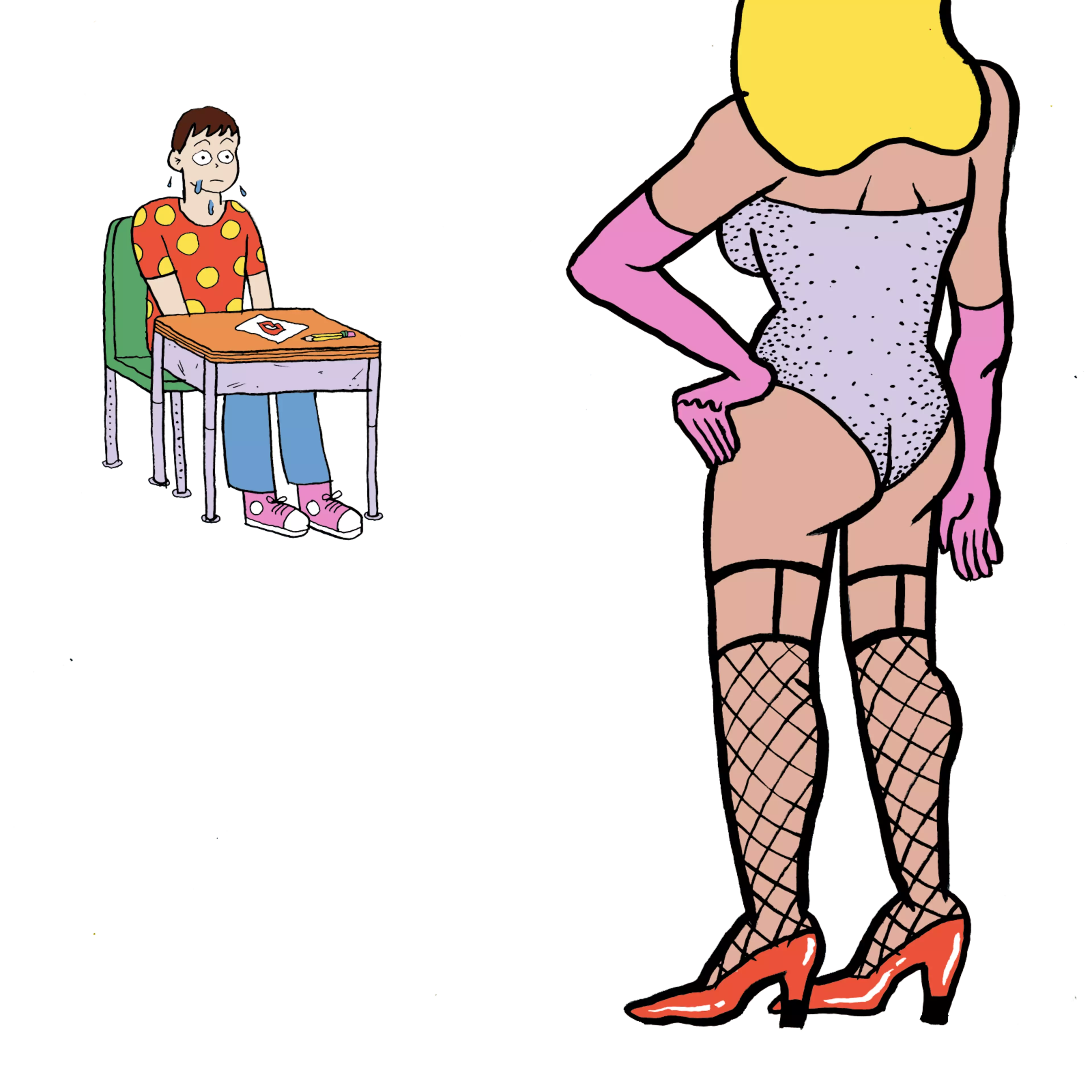 A nervous young man with drool sits at a desk, staring at a confident woman in fishnet stockings, pink gloves, and a sparkling bodysuit with blonde hair.