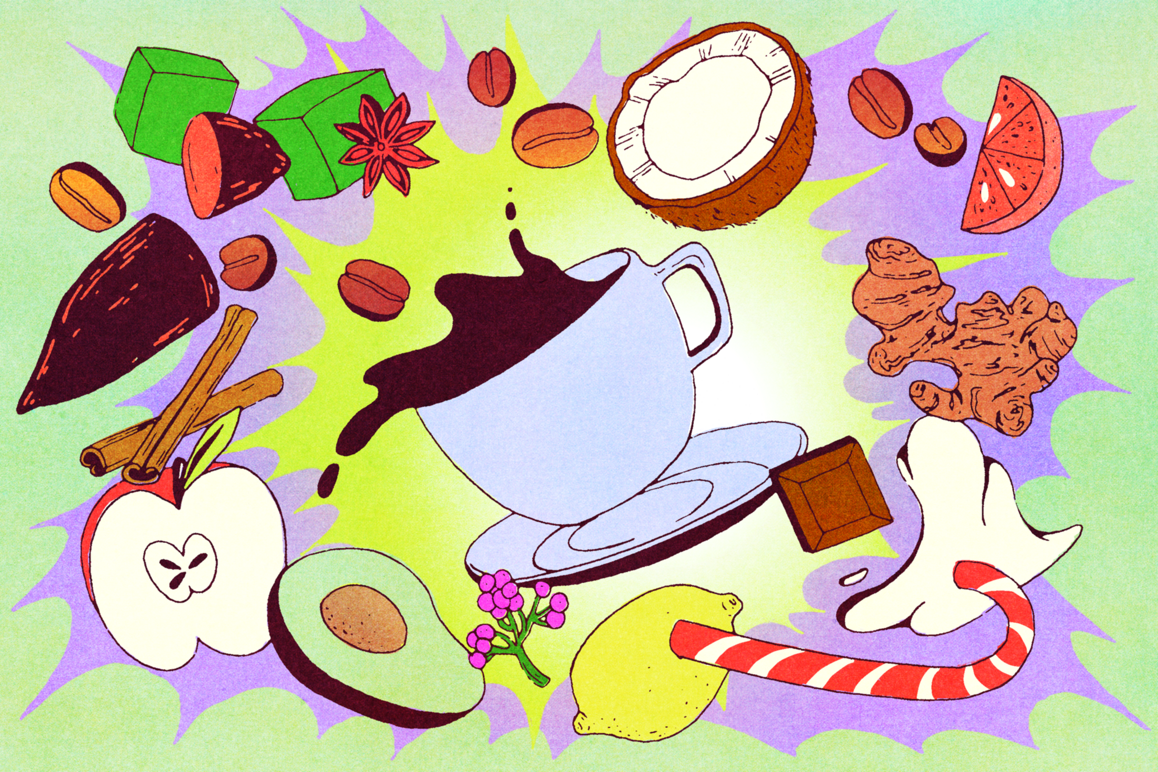 A tilted white cup spilling dark liquid sits amid cinnamon sticks, an apple slice, avocado, lemon, coconut, ginger, chocolate, coffee beans, and a candy cane.