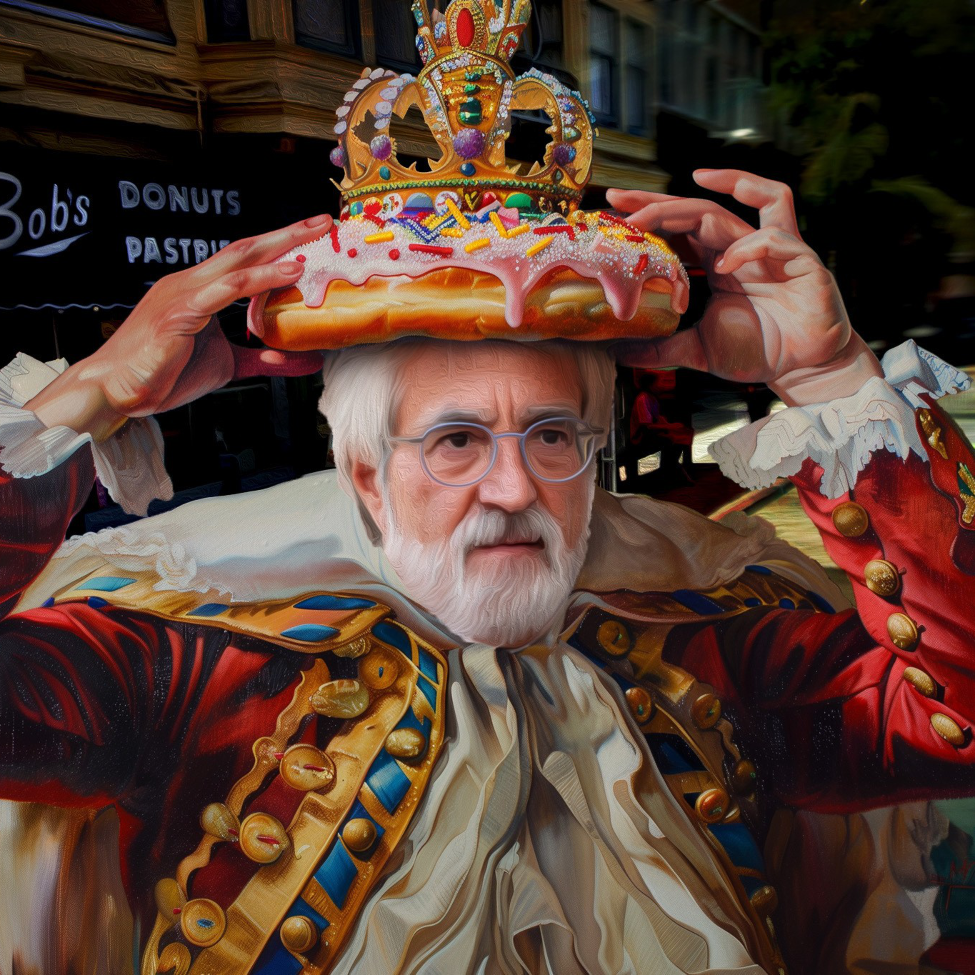 An older man with glasses, wearing an elaborate red and gold royal outfit, places a large donut with colorful sprinkles and a crown on top of his head, standing in front of Bobâ€™s Donuts & Pastries shop.