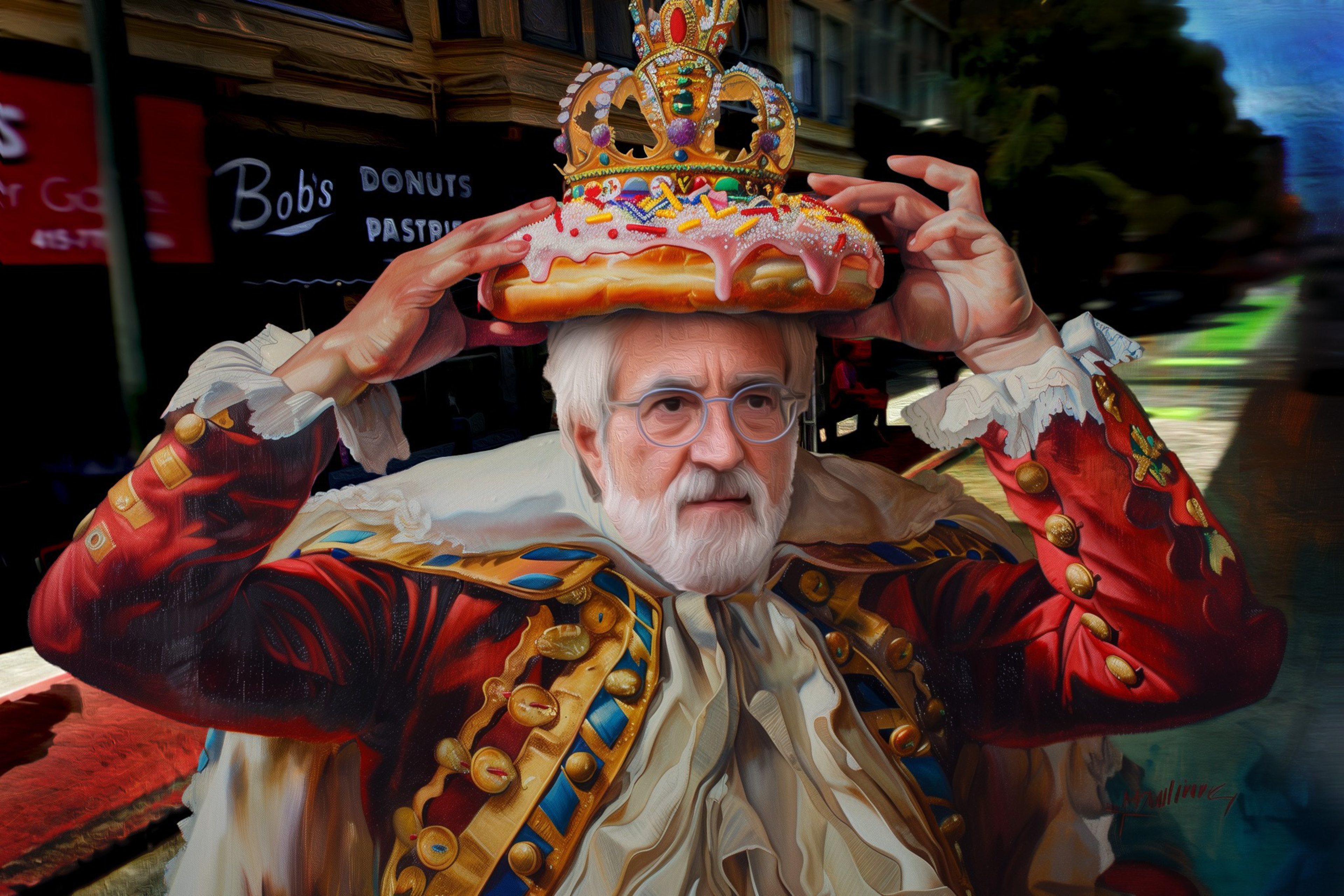 An older man with glasses, wearing an elaborate red and gold royal outfit, places a large donut with colorful sprinkles and a crown on top of his head, standing in front of Bobâ€™s Donuts & Pastries shop.