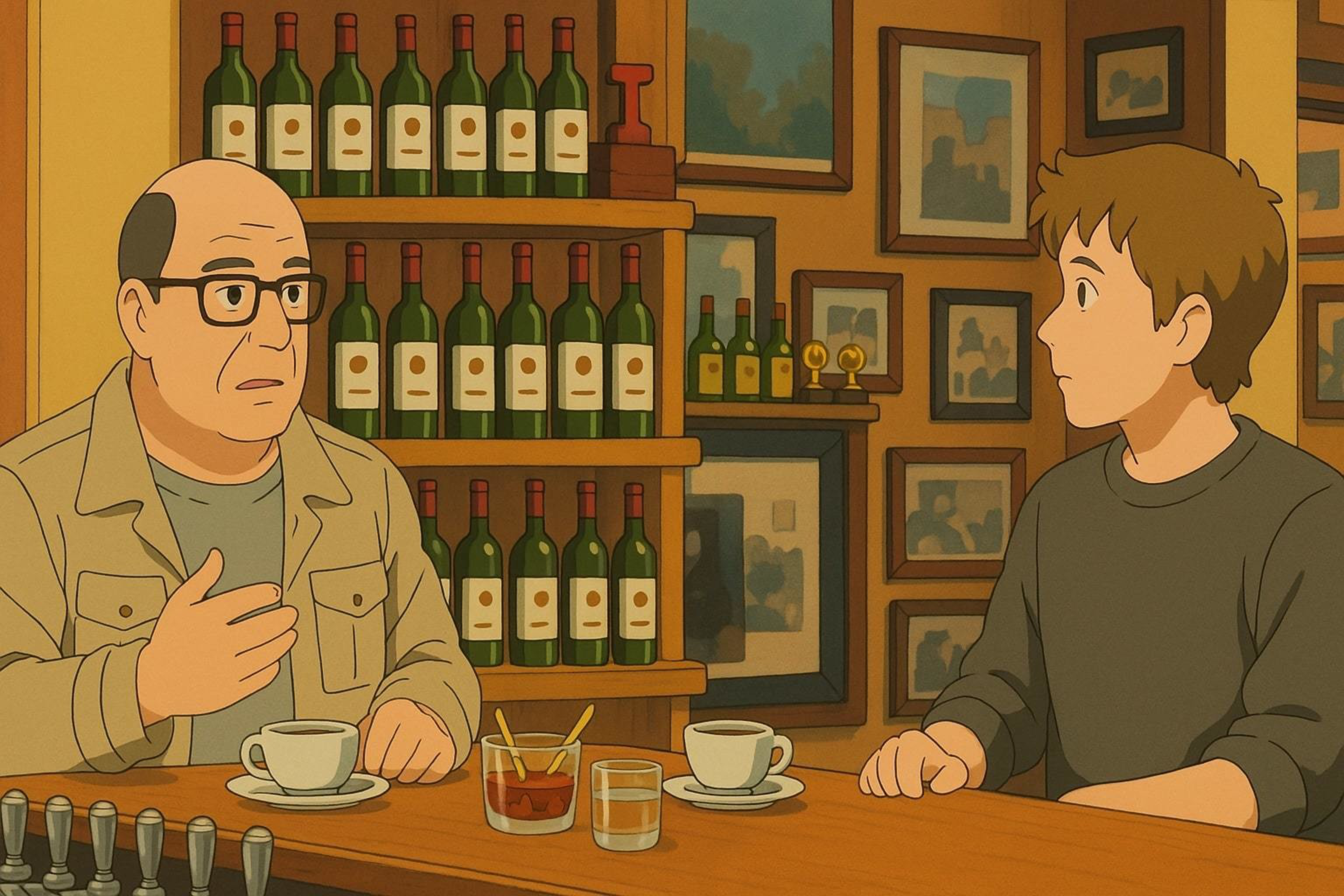 Two animated characters sit at a bar with coffee cups and a glass on the counter. Shelves behind them display wine bottles. Walls are adorned with framed art.