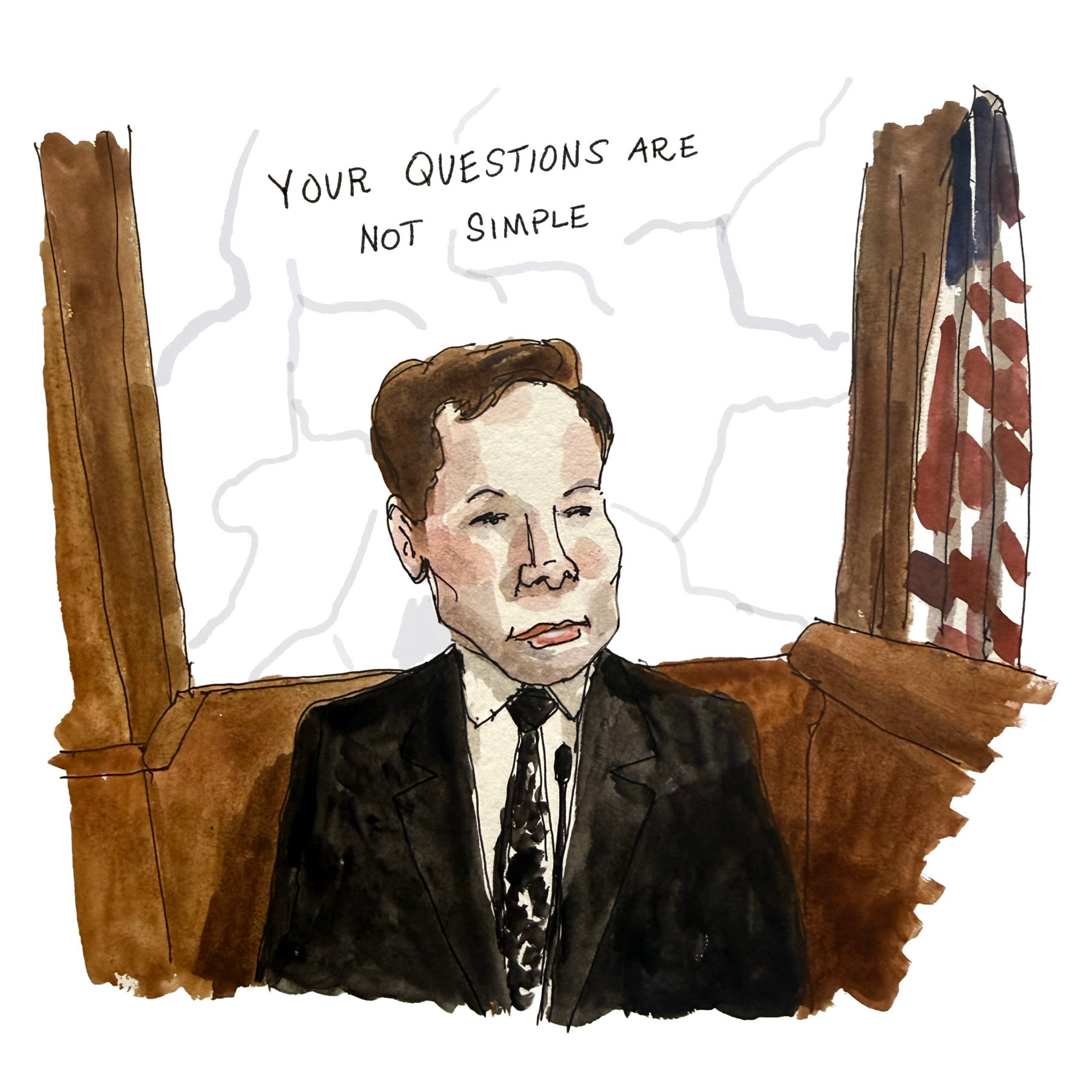 A man in a suit sits before an American flag and wood paneling, with the words “YOUR QUESTIONS ARE NOT SIMPLE” written above his head.