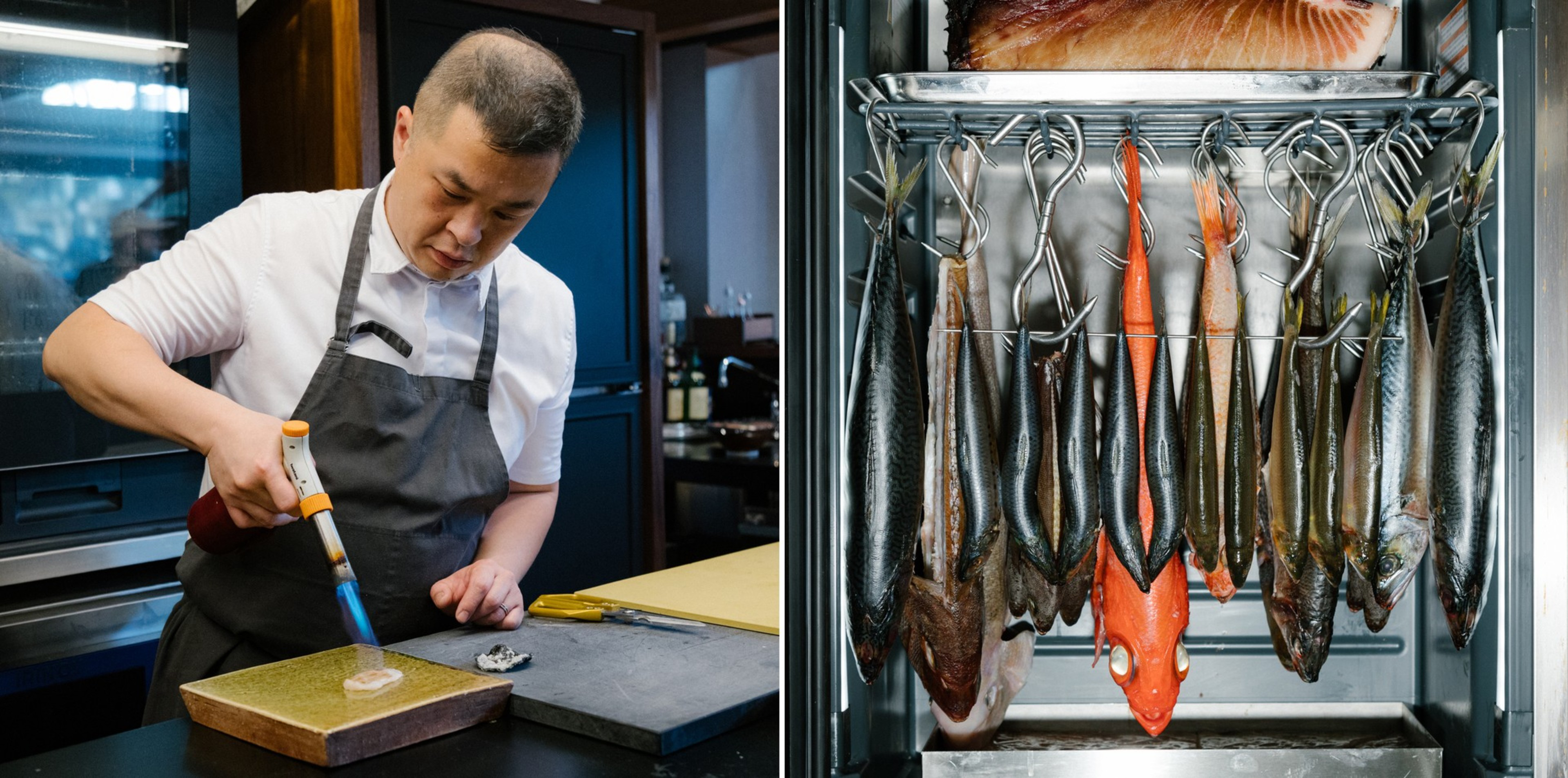 A chef uses a blowtorch on a small food item in a kitchen, while various whole fish hang on hooks inside a metal cabinet.