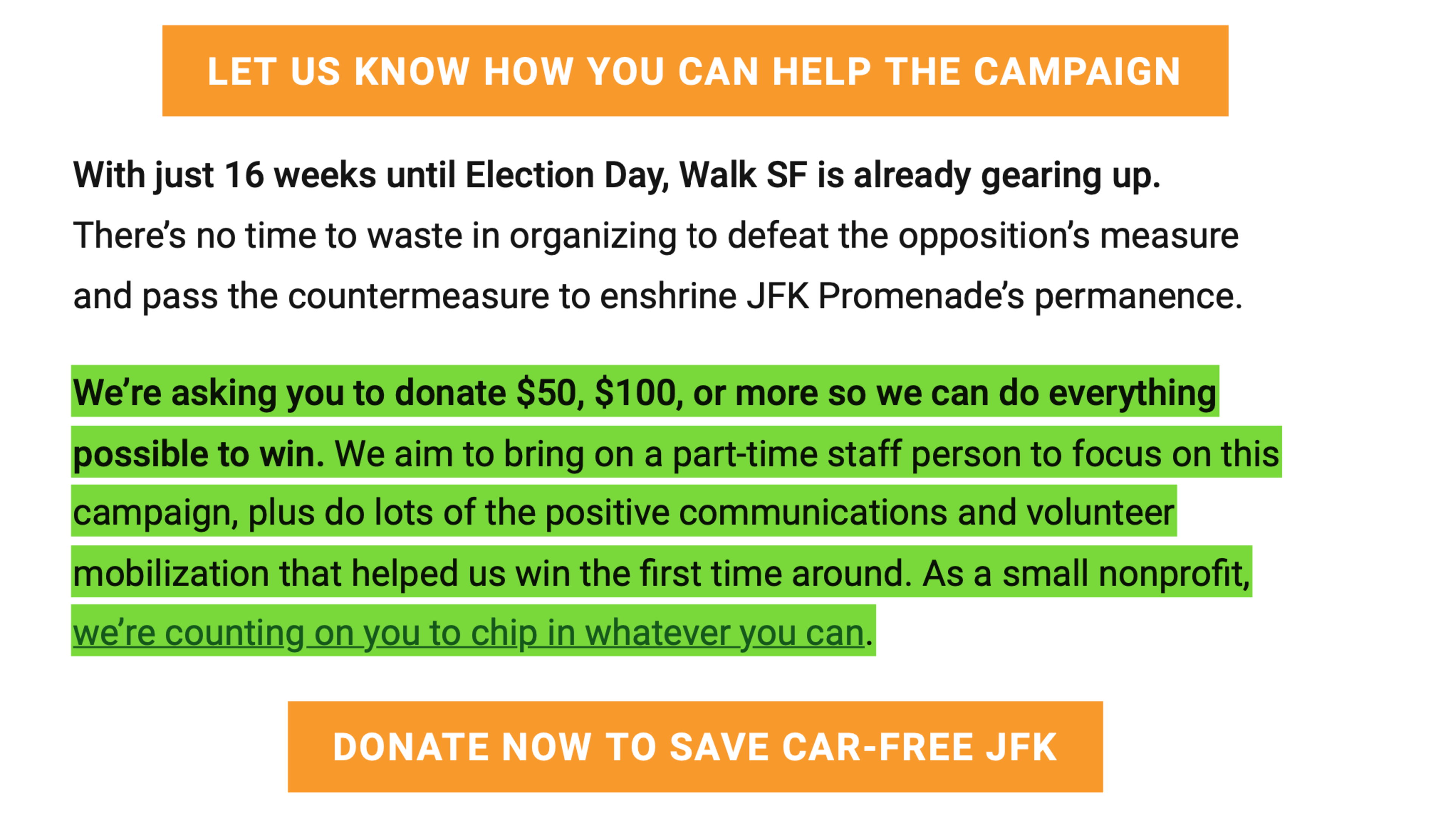 With 16 weeks to Election Day, Walk SF seeks donations of $50, $100, or more to fund staff, communications, and volunteer efforts to save car-free JFK Promenade.