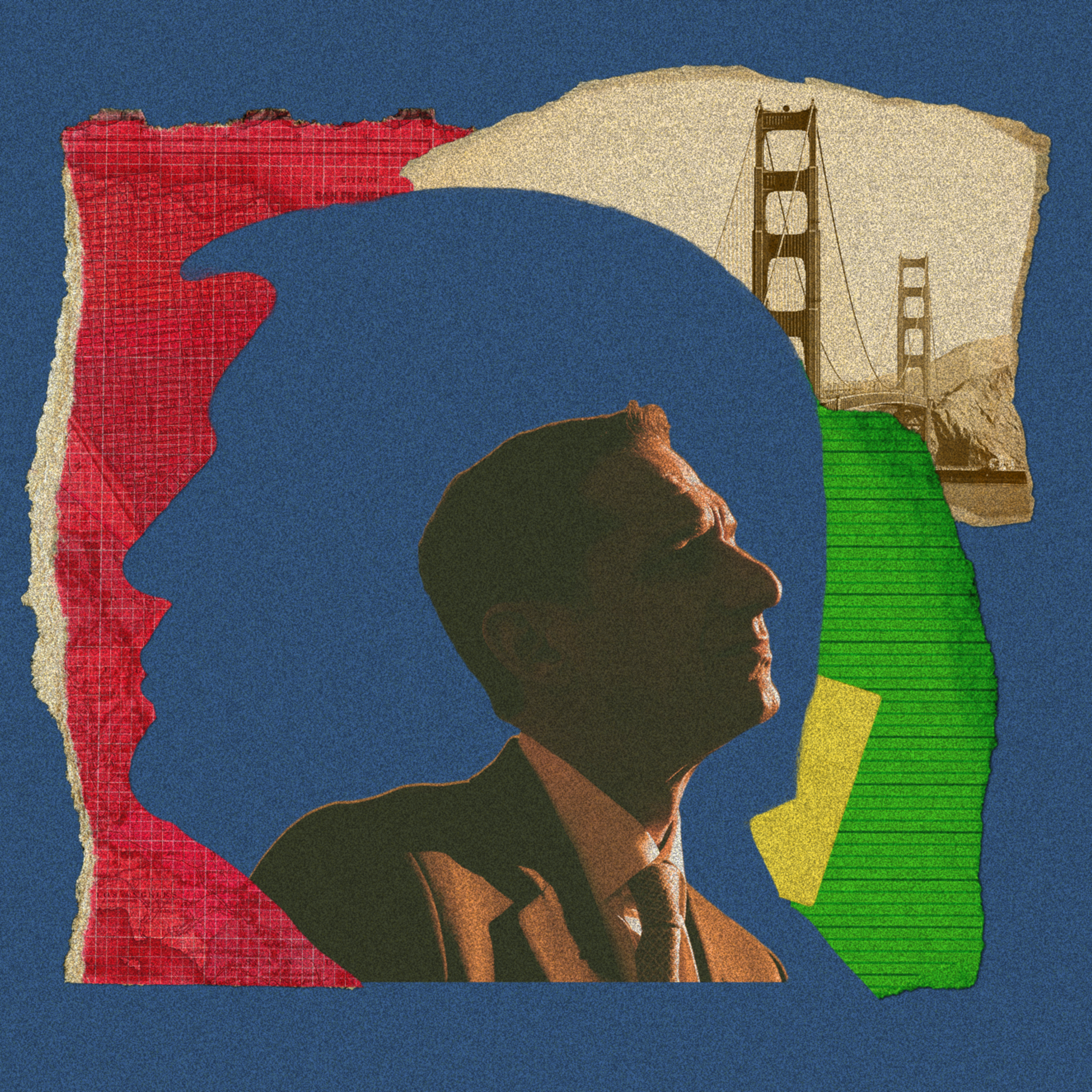 A photo collage with different abstract shapes that form a face.