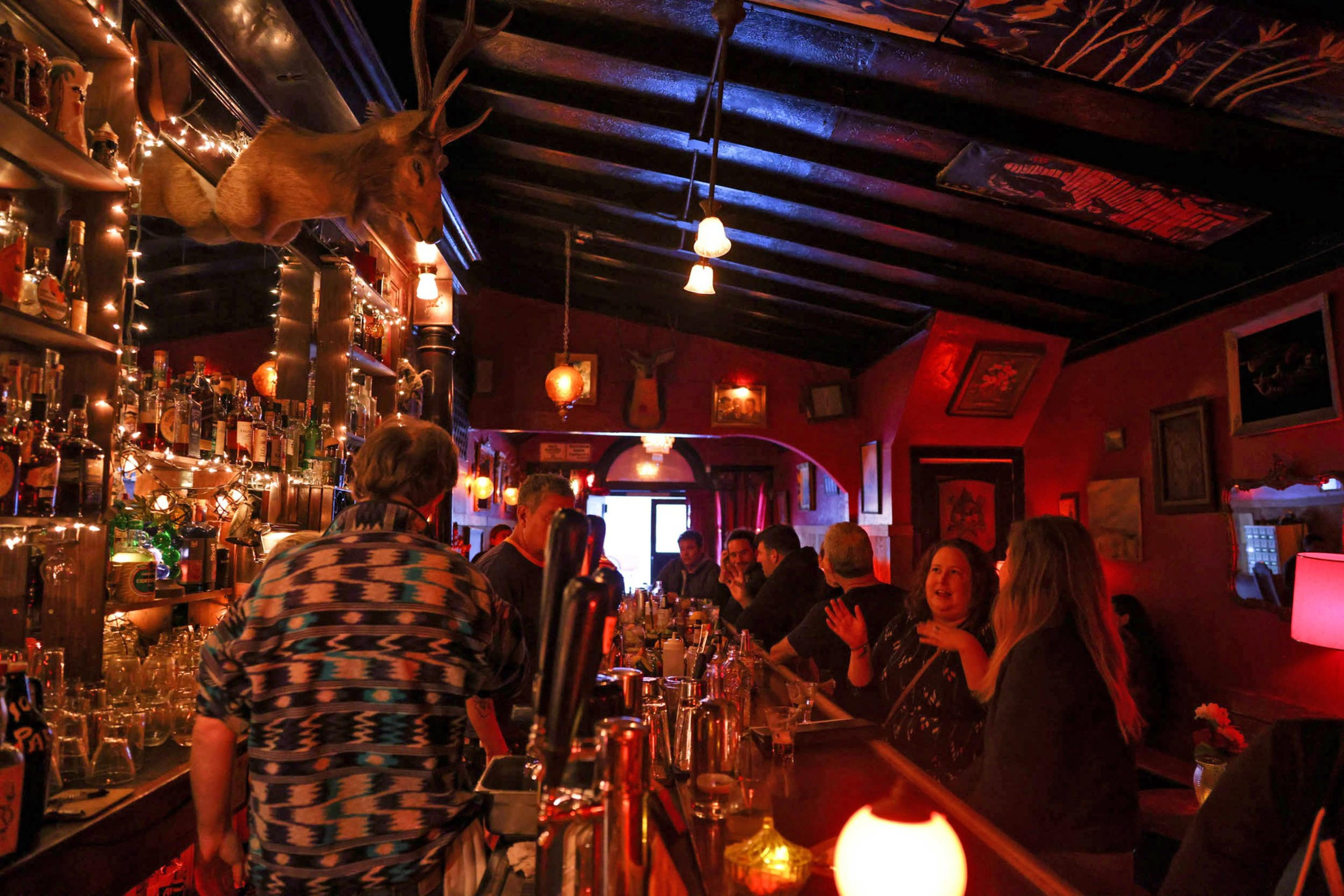 A dimly lit bar with red walls, filled with people chatting. Bottles line the bar shelves, and a mounted deer head is prominently displayed above.