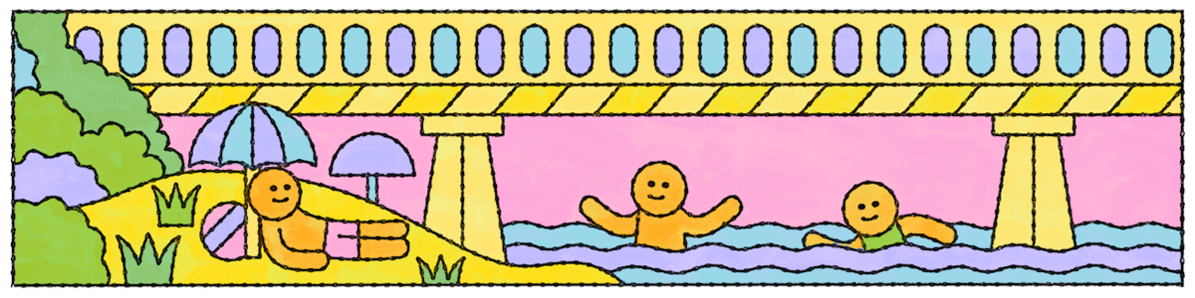 Two people swim near a yellow bridge while another lies on the shore under an umbrella with a ball and drink.