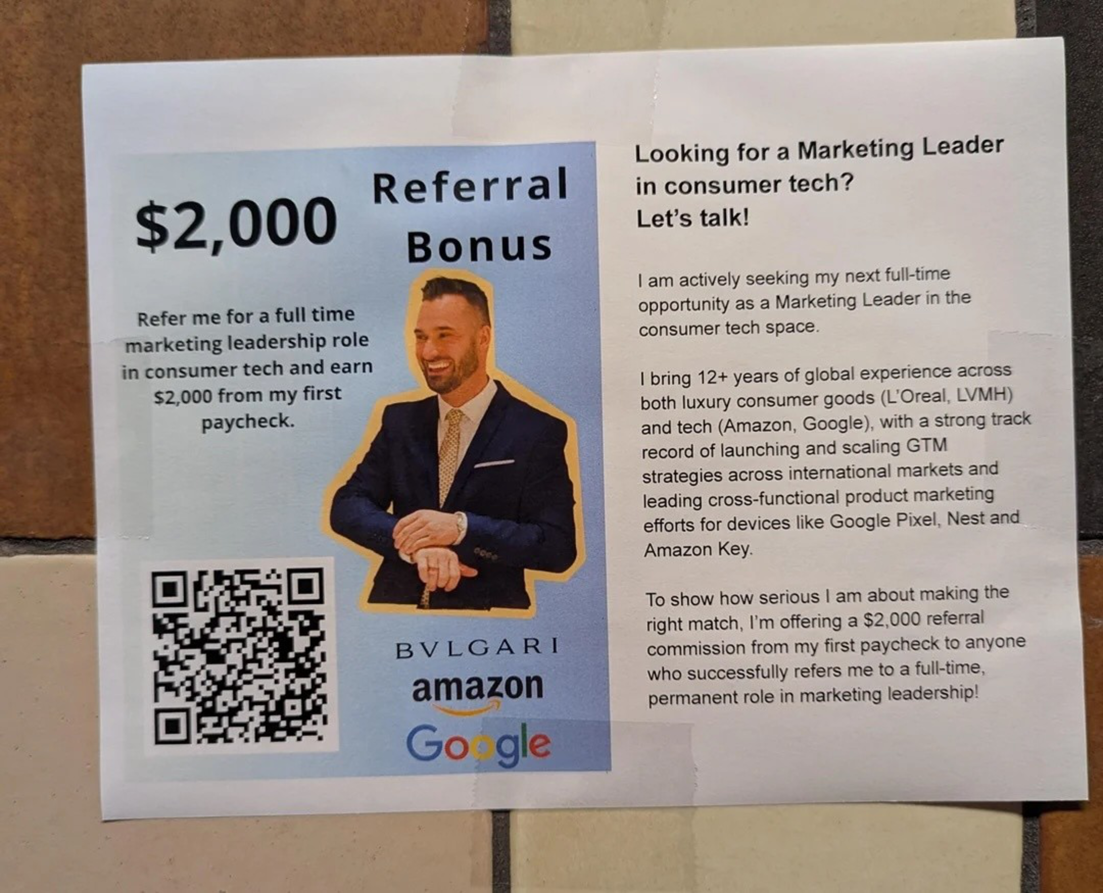 A flyer offers a $2,000 referral bonus for a marketing leadership role in consumer tech, featuring a man in a suit, a QR code, and logos of major companies.