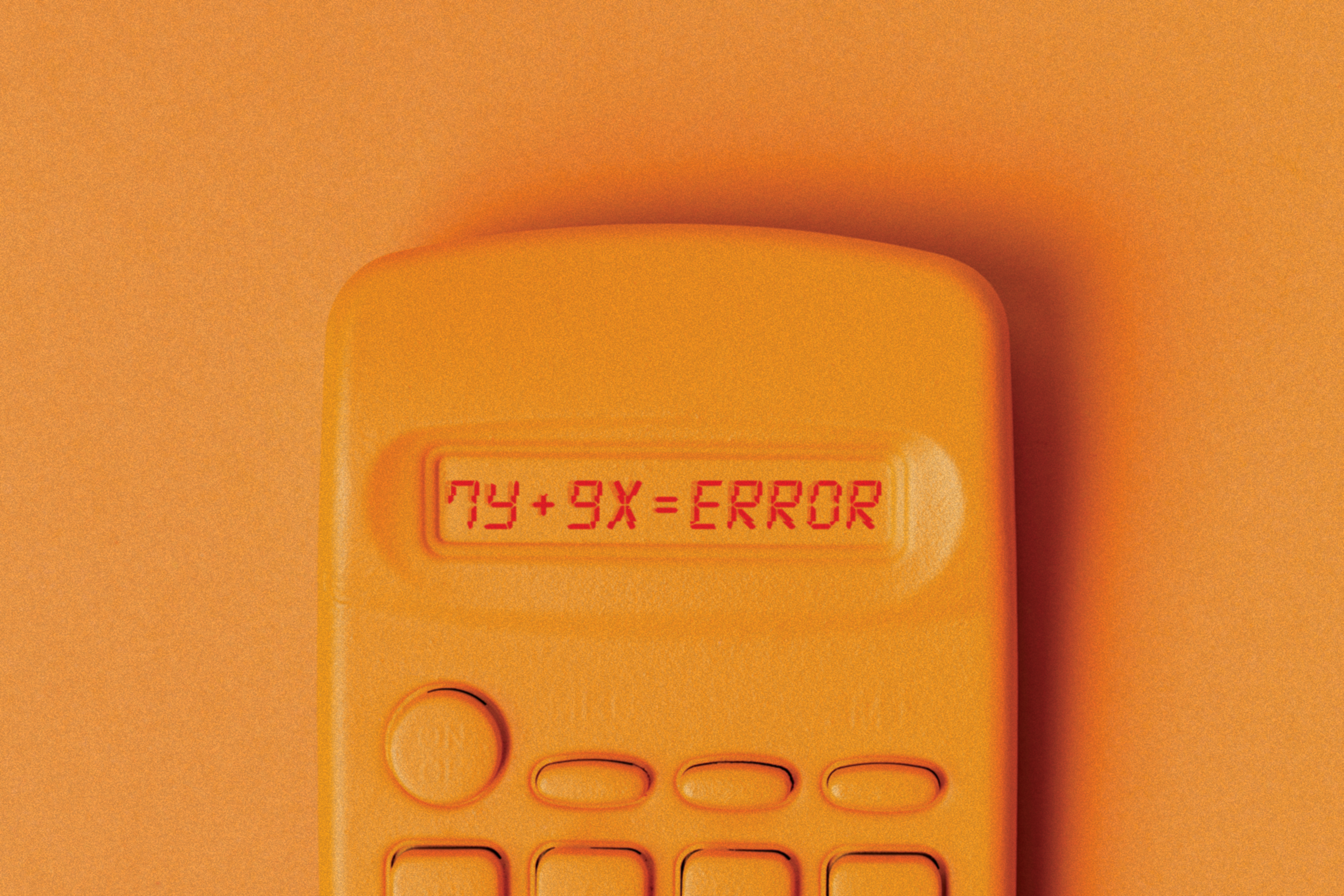 An orange calculator displays the equation "7y + 9x = ERROR" on its screen against an orange background.