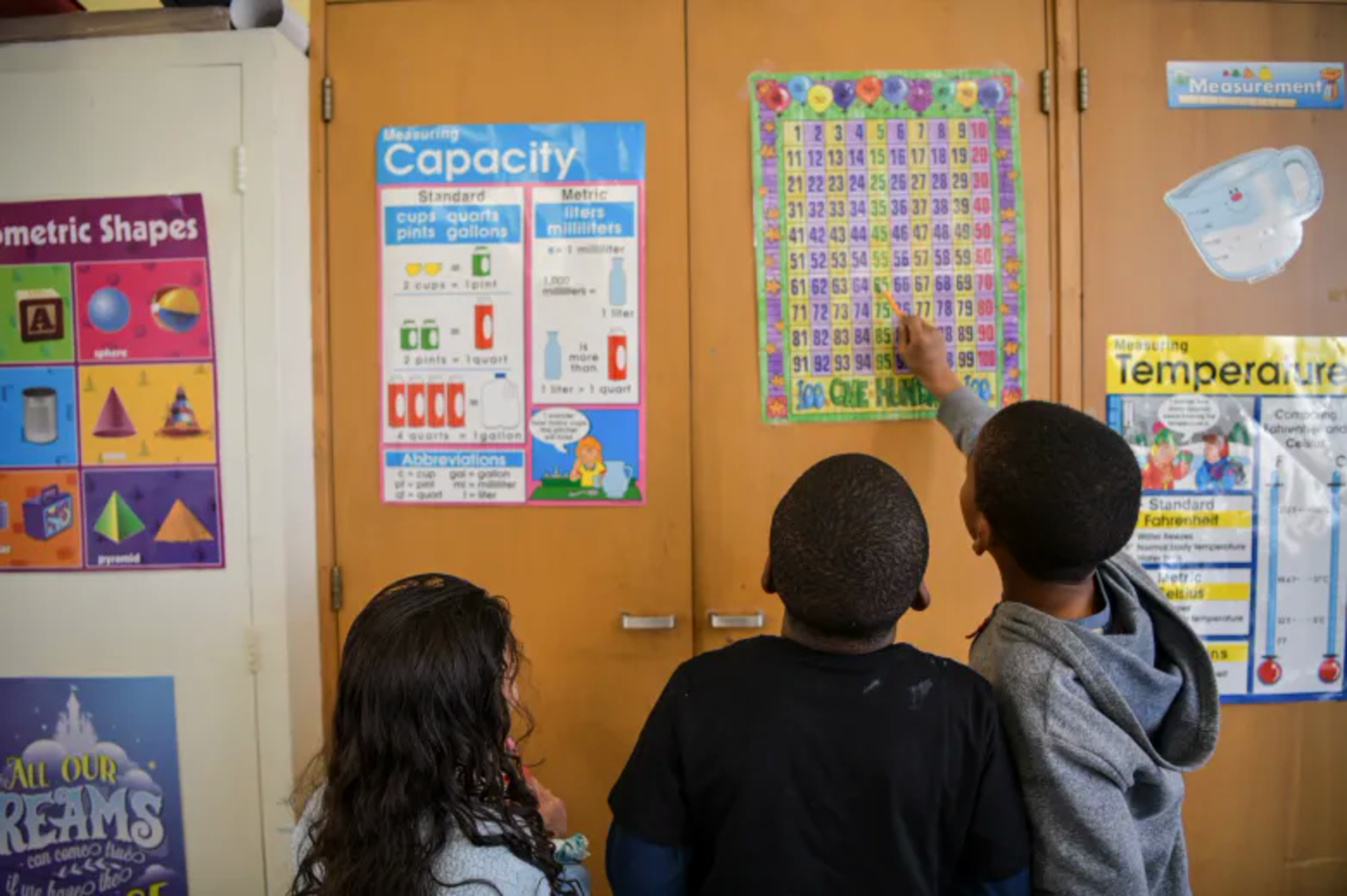 Three children stand in front of classroom wooden cabinets, looking at and pointing to colorful educational posters about numbers, shapes, capacity, and temperature.