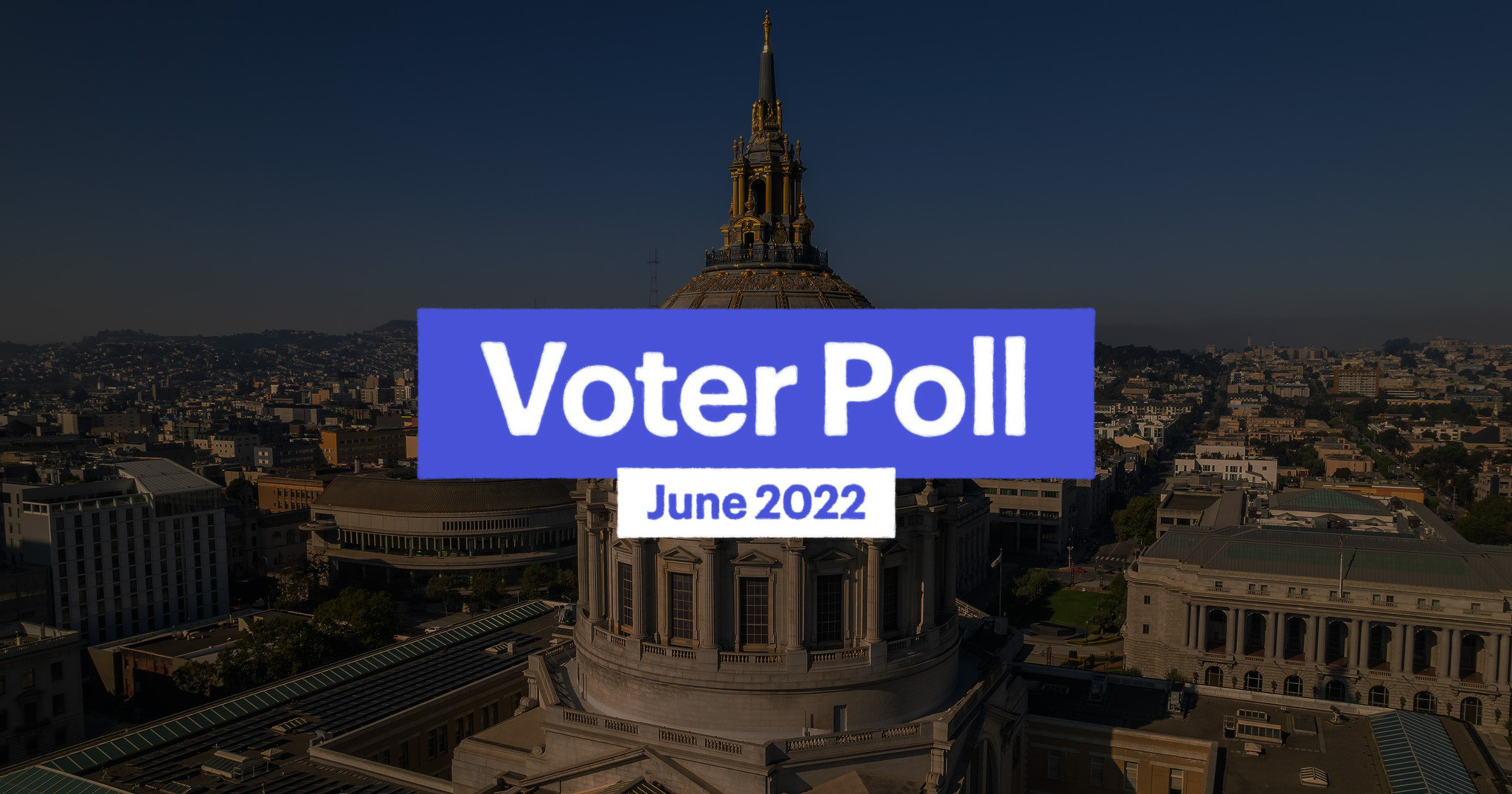 A cityscape at dusk features a prominent domed building with a spire, overlaid with bold text reading "Voter Poll June 2022" in blue and white.