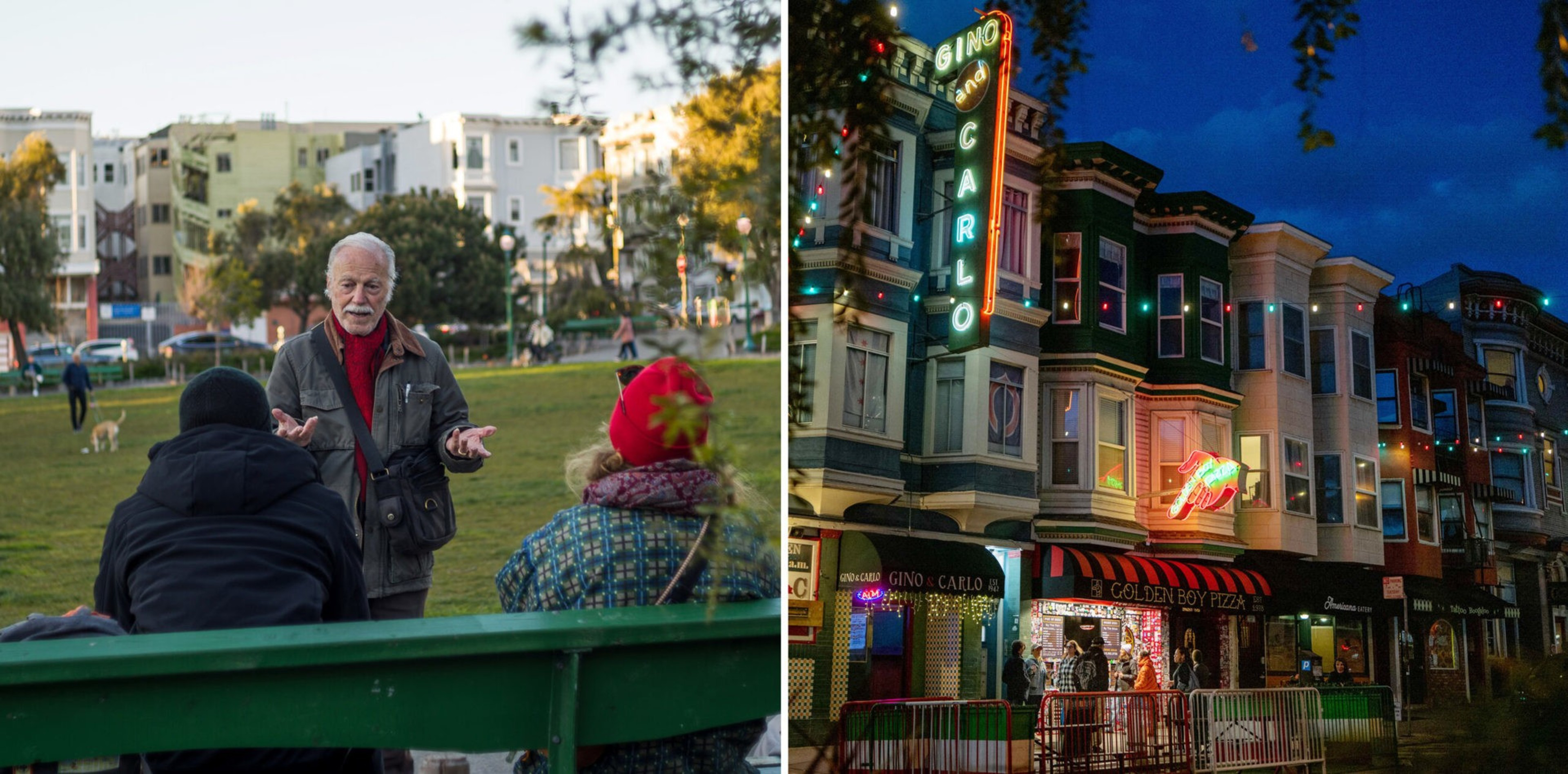An elderly man talks to two people sitting on a green park bench during the day; a vibrant street scene at night shows the Gino and Carlo pizzeria lit by colorful neon lights.