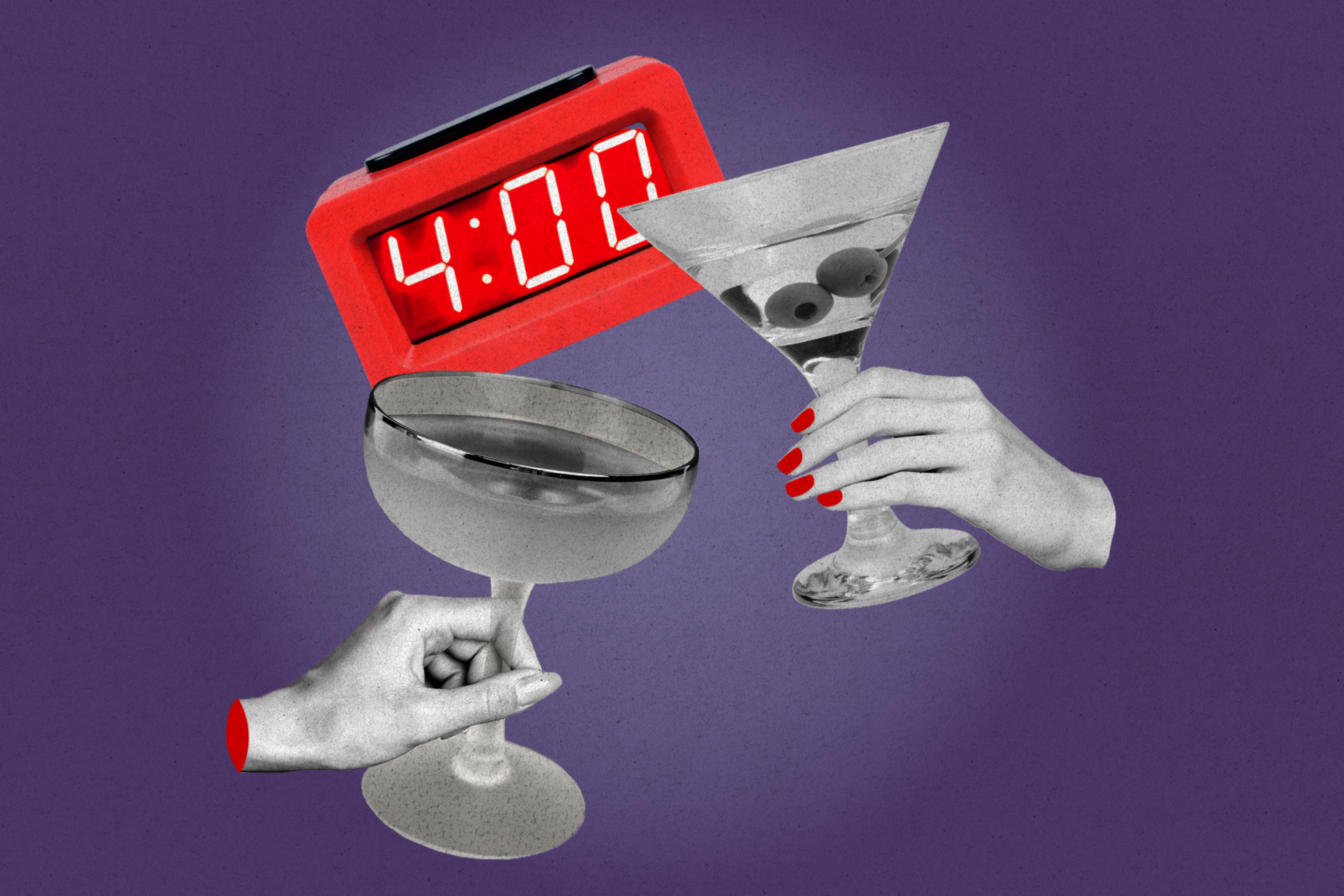 Two hands hold cocktail glasses with red-nailed fingers. A red digital clock shows 4:00, all set against a purple background.