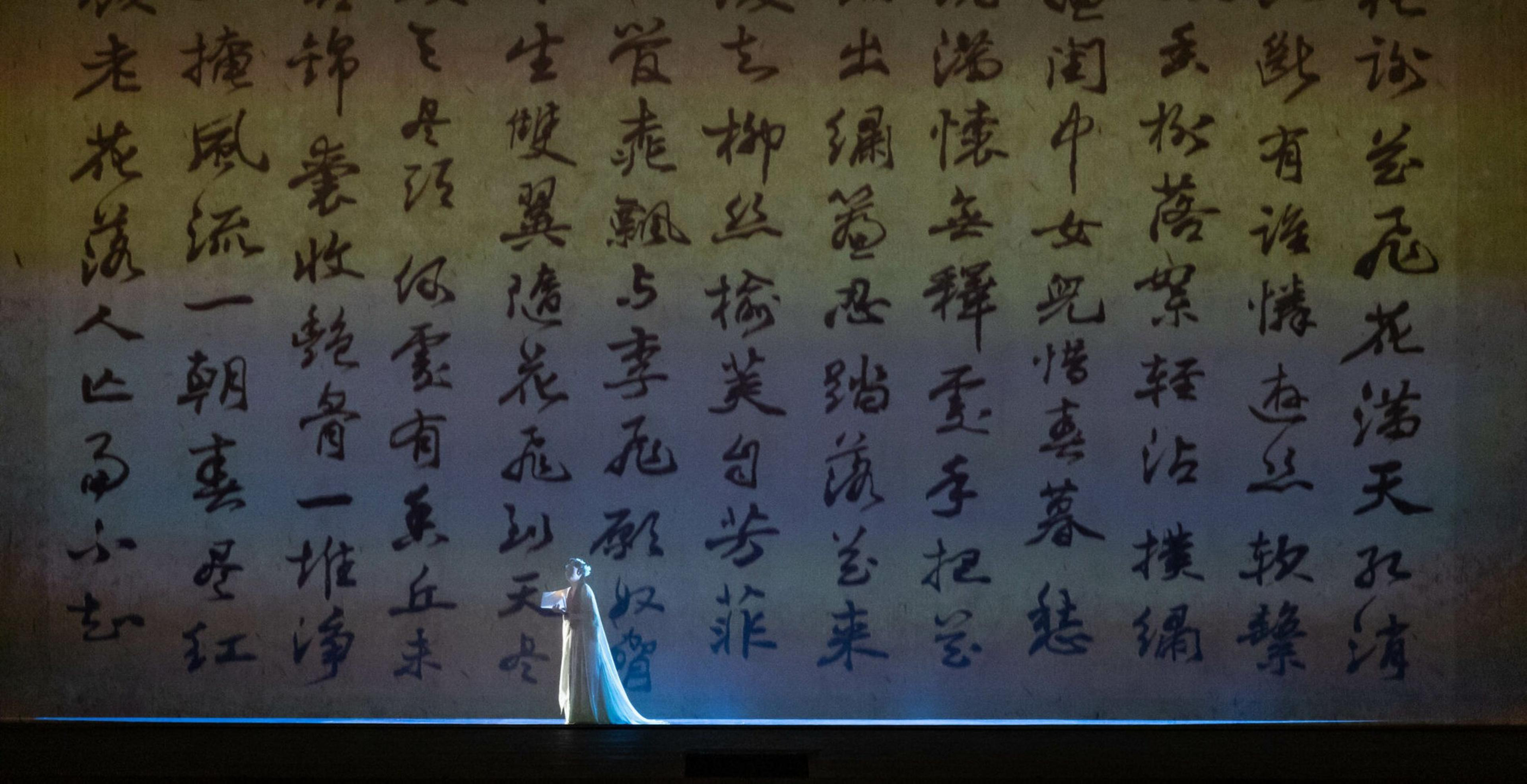 A person in traditional attire stands on a stage, with large Chinese characters illuminated on the backdrop behind them.
