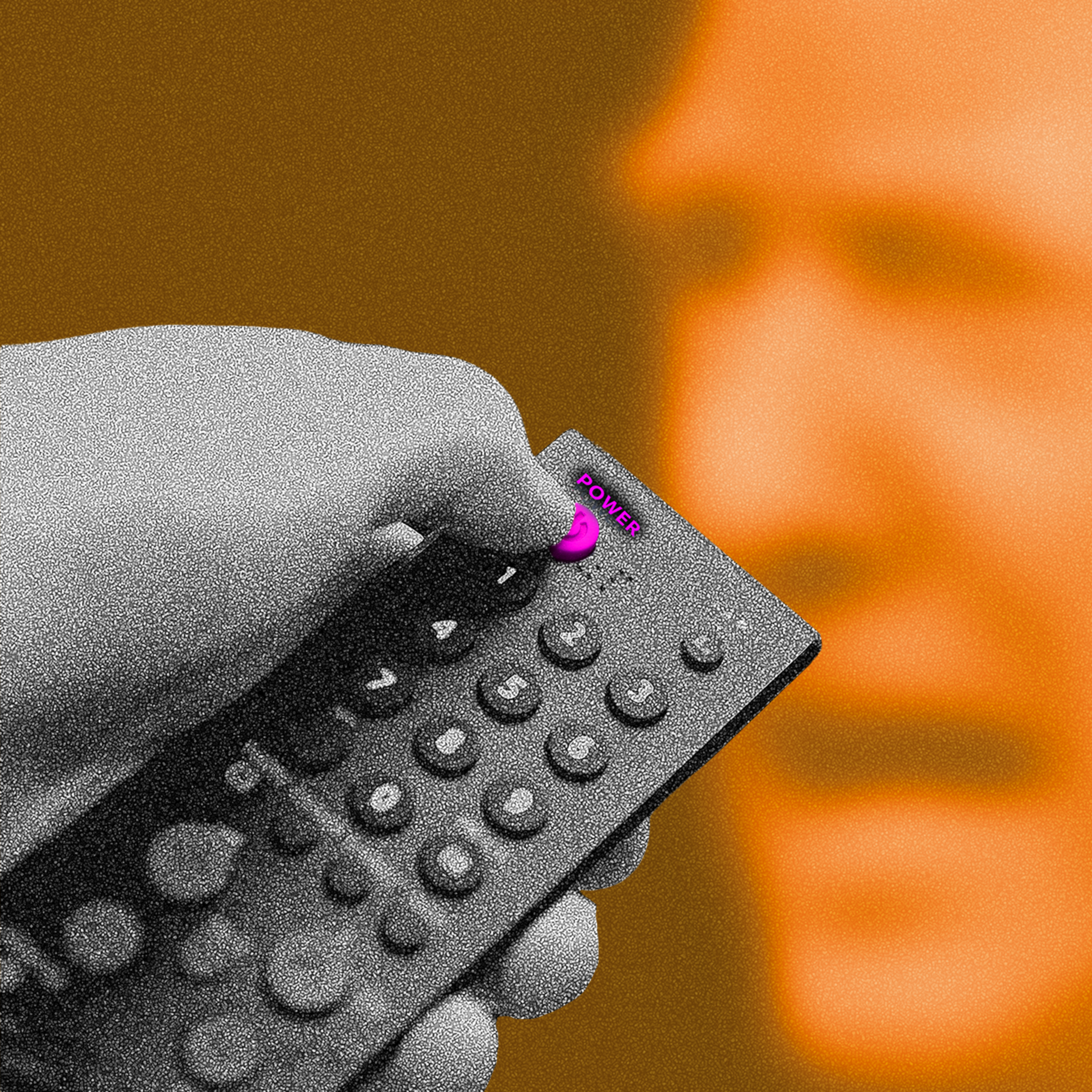 A hand holds a remote control with a highlighted pink power button. In the blurred orange background, a face appears, out of focus.