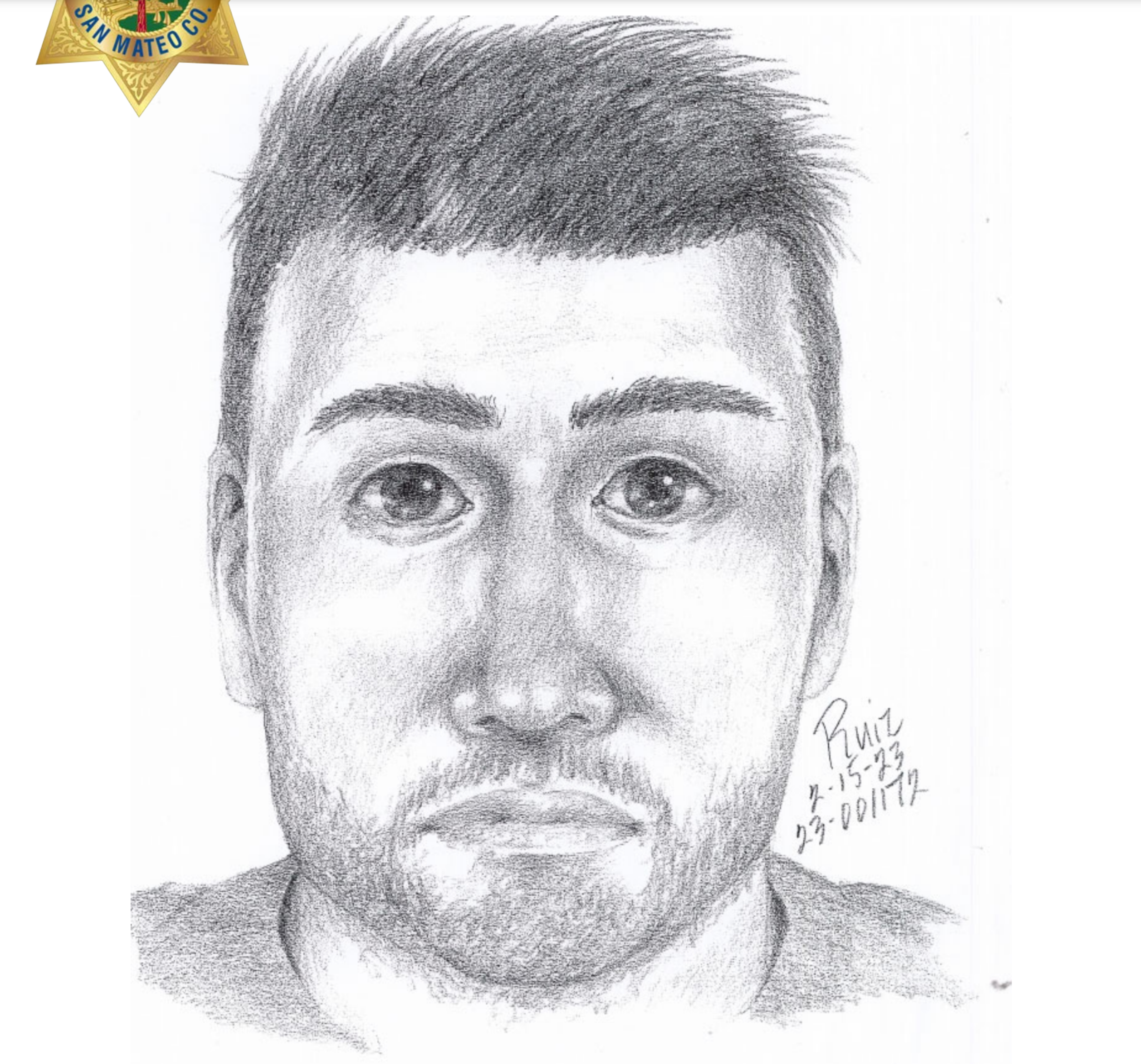 A pencil sketch of a man with short hair, thick eyebrows, a trimmed beard, and a serious expression, marked with a San Mateo County badge.