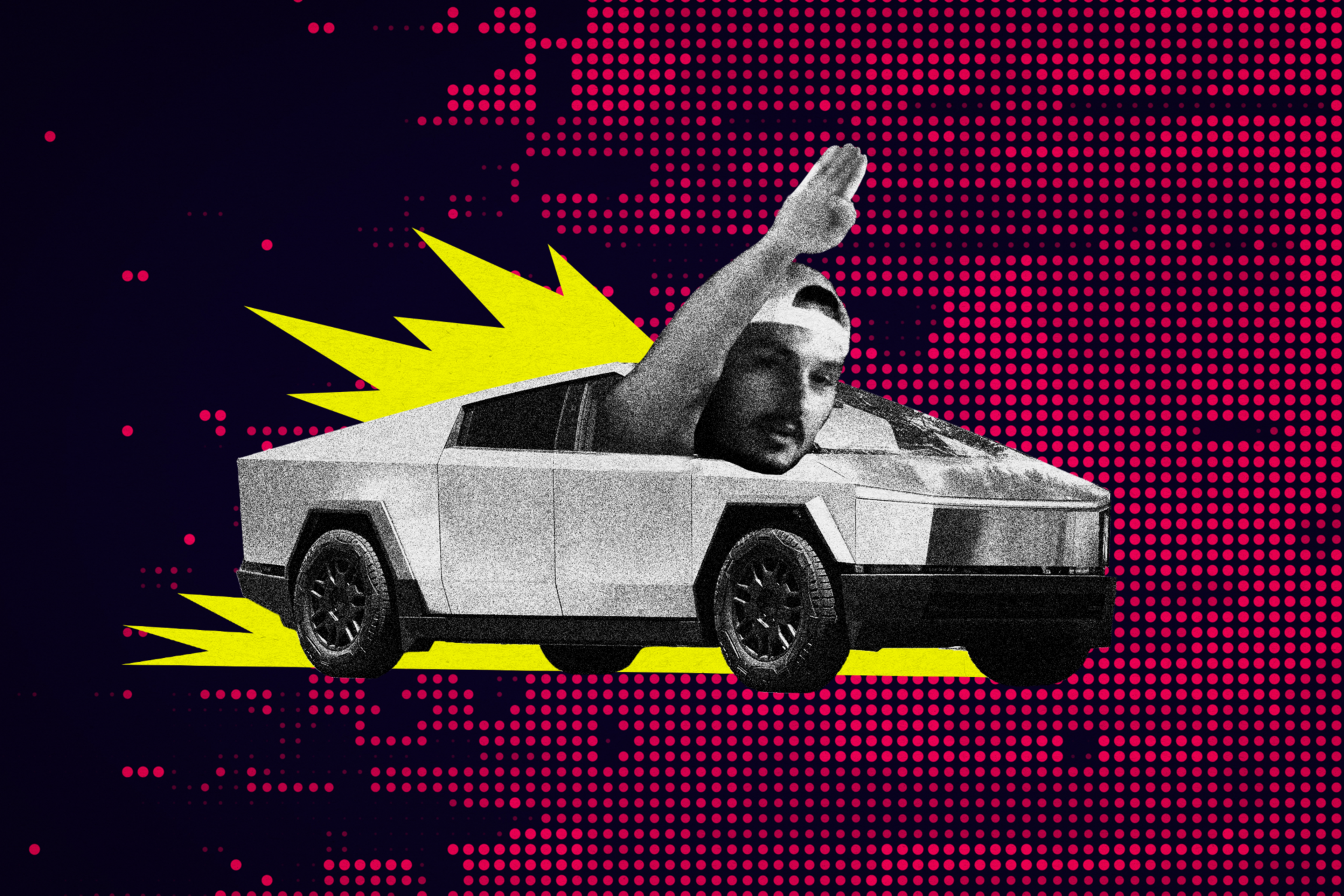 A grayscale person joyfully leans out of a futuristic car, set against a dynamic background of dots and yellow shapes, creating a vibrant, energetic scene.