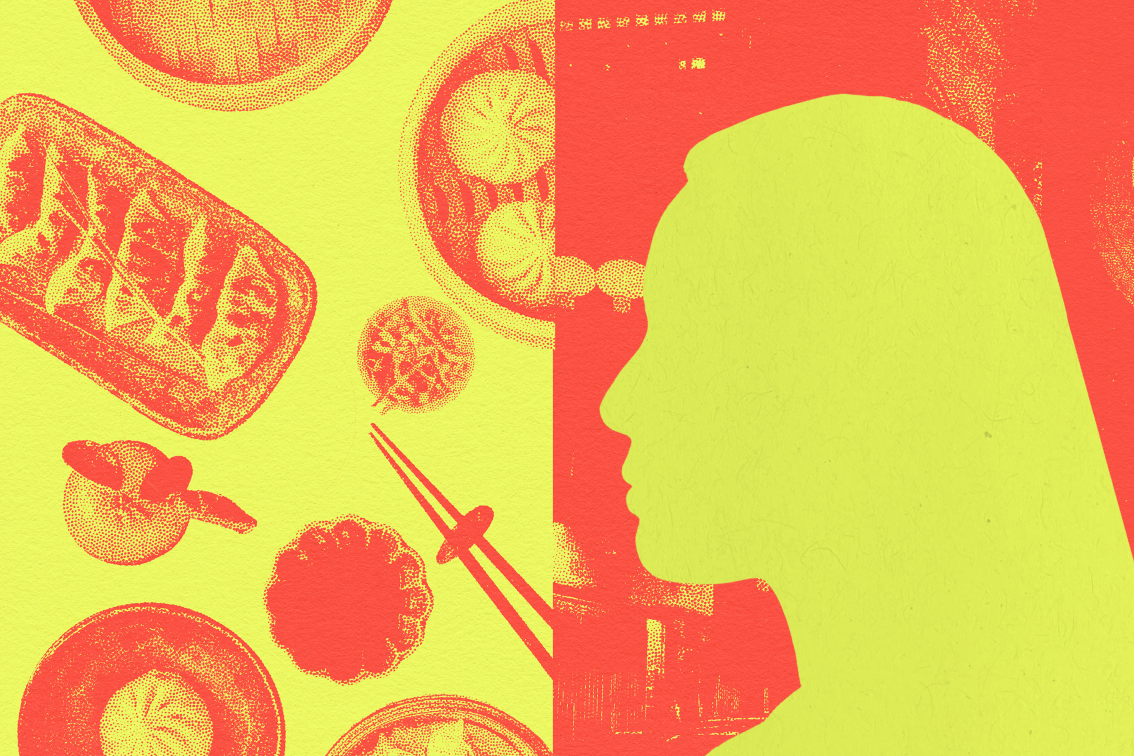 A yellow-green silhouette of a person holds chopsticks among red and yellow plates of various dim sum dishes.