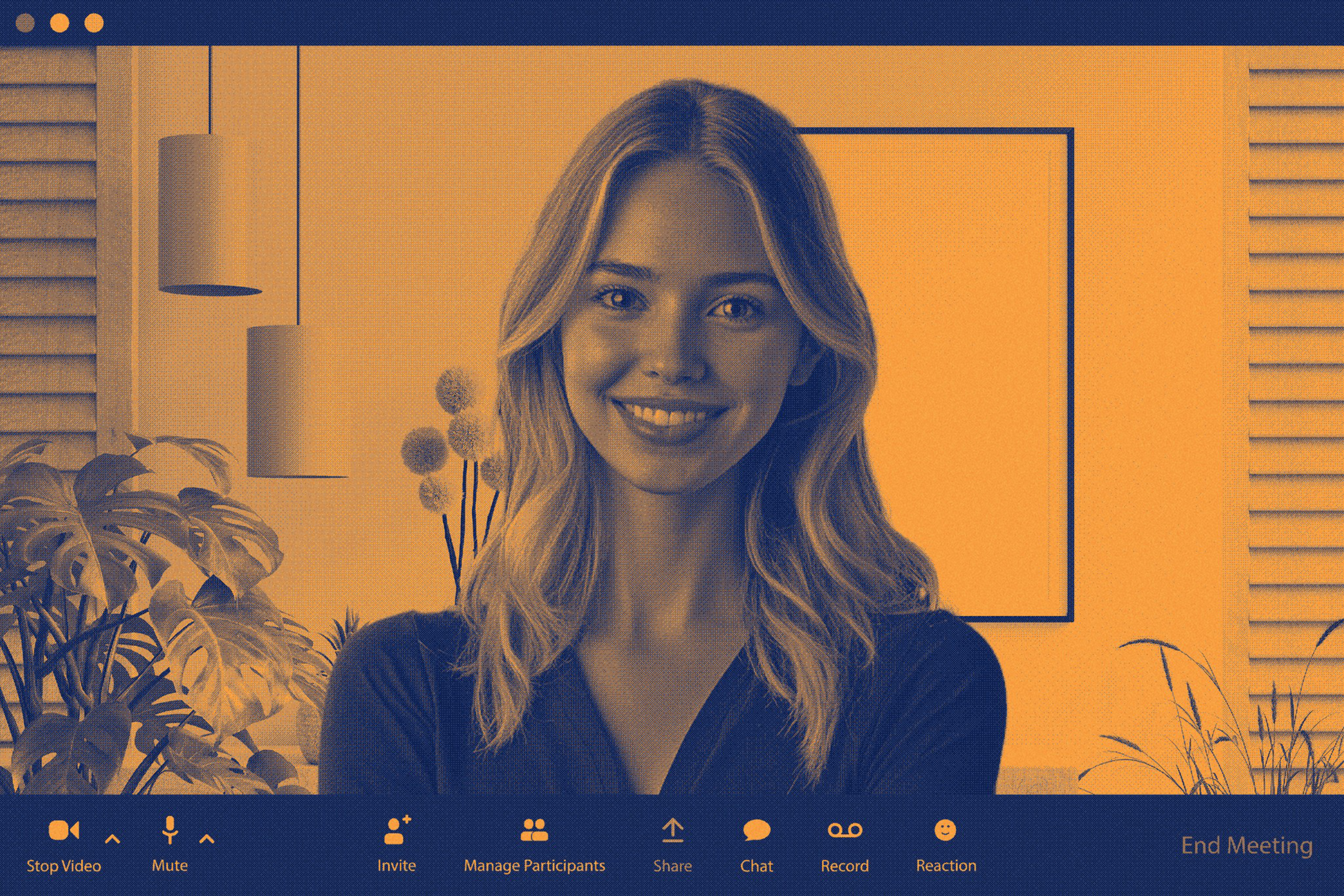 A photo illustration of a woman on a video conference call