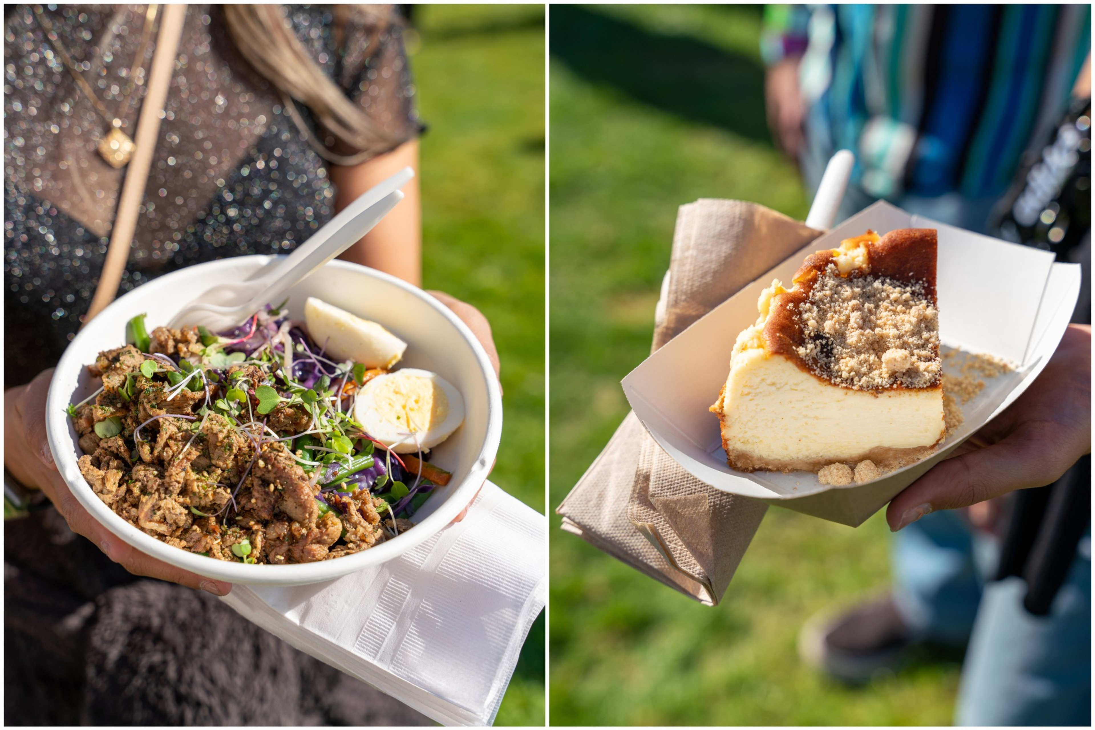A person holds a bowl of salad with ground meat and a boiled egg on the left, and another person holds a tray with a slice of cheesecake on the right.