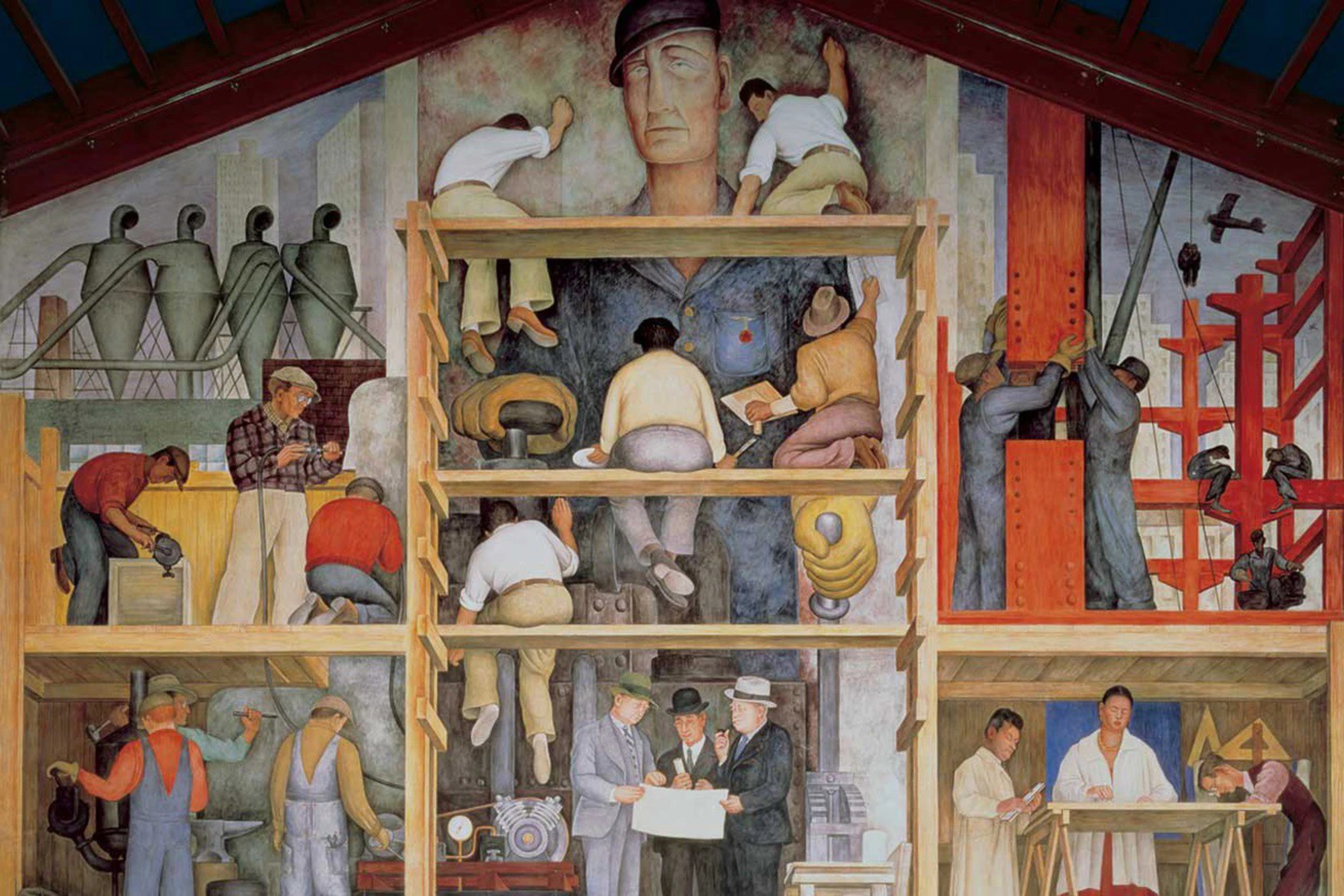Workers build and repair a colossal mural of a man in uniform, with others assembling industrial structures and reviewing plans below.