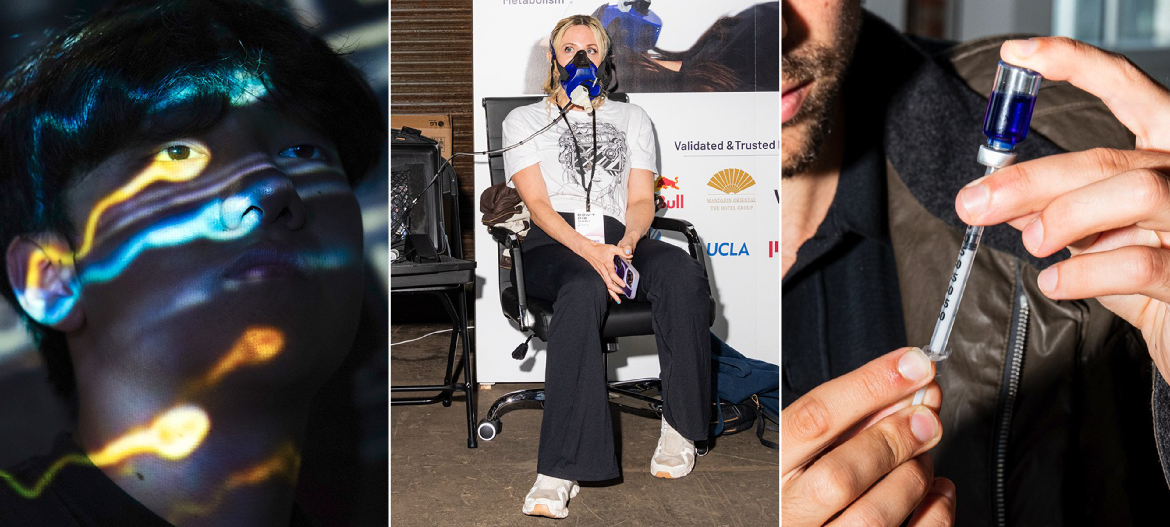 A person’s face is illuminated by colorful light patterns, a woman sits with a breathing mask connected to tubes, and hands fill a syringe with blue liquid.