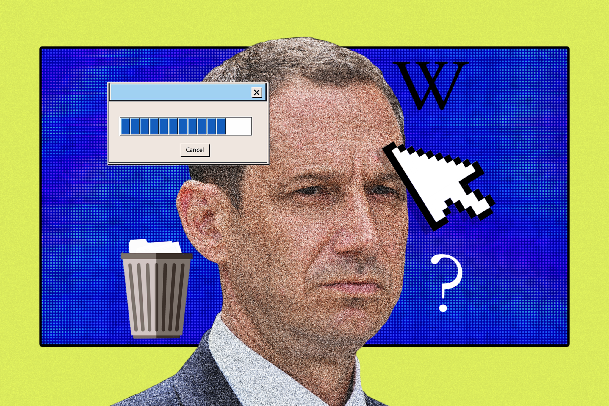 A man with a serious expression is overlaid with digital icons including a loading bar, a trash can, a large pixelated cursor, a question mark, and a "W" on a blue background.