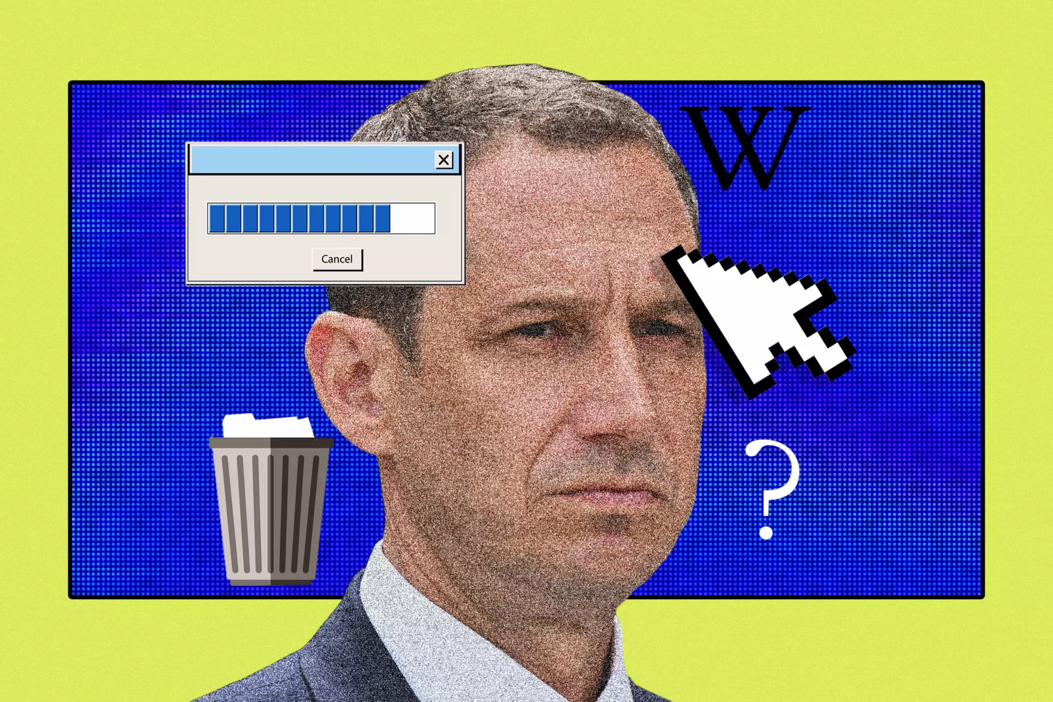 A man with a serious expression is overlaid with digital icons including a loading bar, a trash can, a large pixelated cursor, a question mark, and a "W" on a blue background.