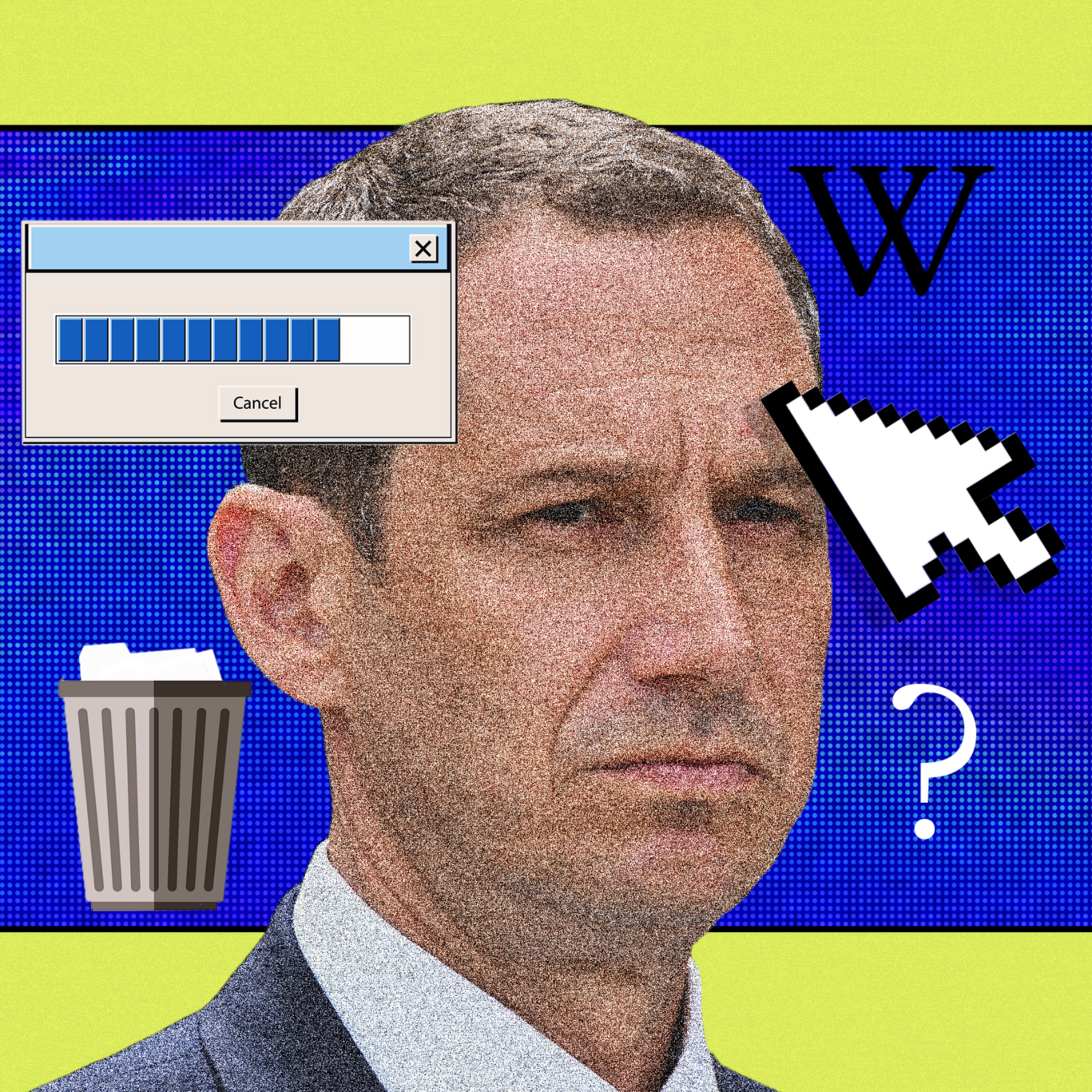 A man with a serious expression is overlaid with digital icons including a loading bar, a trash can, a large pixelated cursor, a question mark, and a "W" on a blue background.