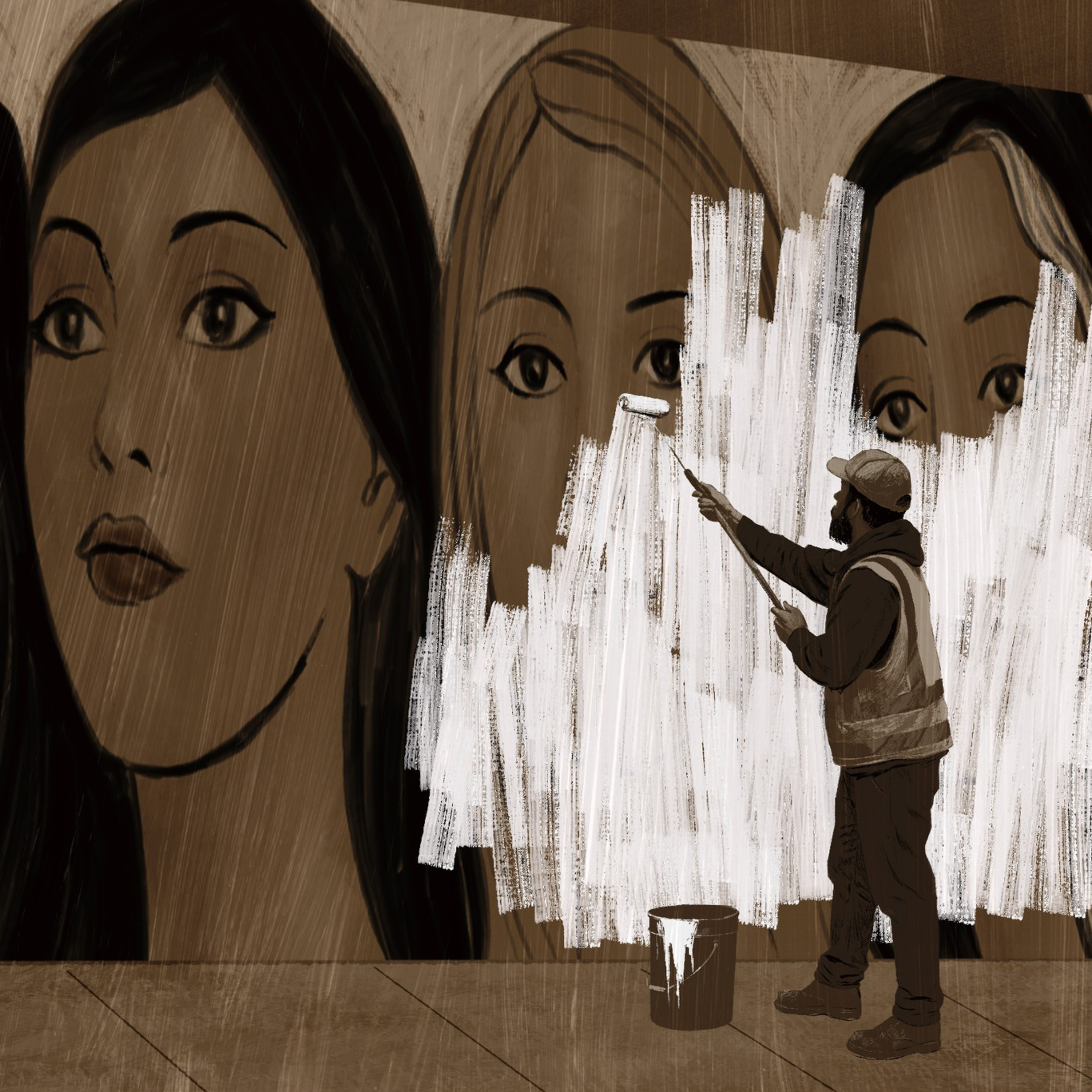 A person is painting over a mural of five women's faces with white paint using a roller.