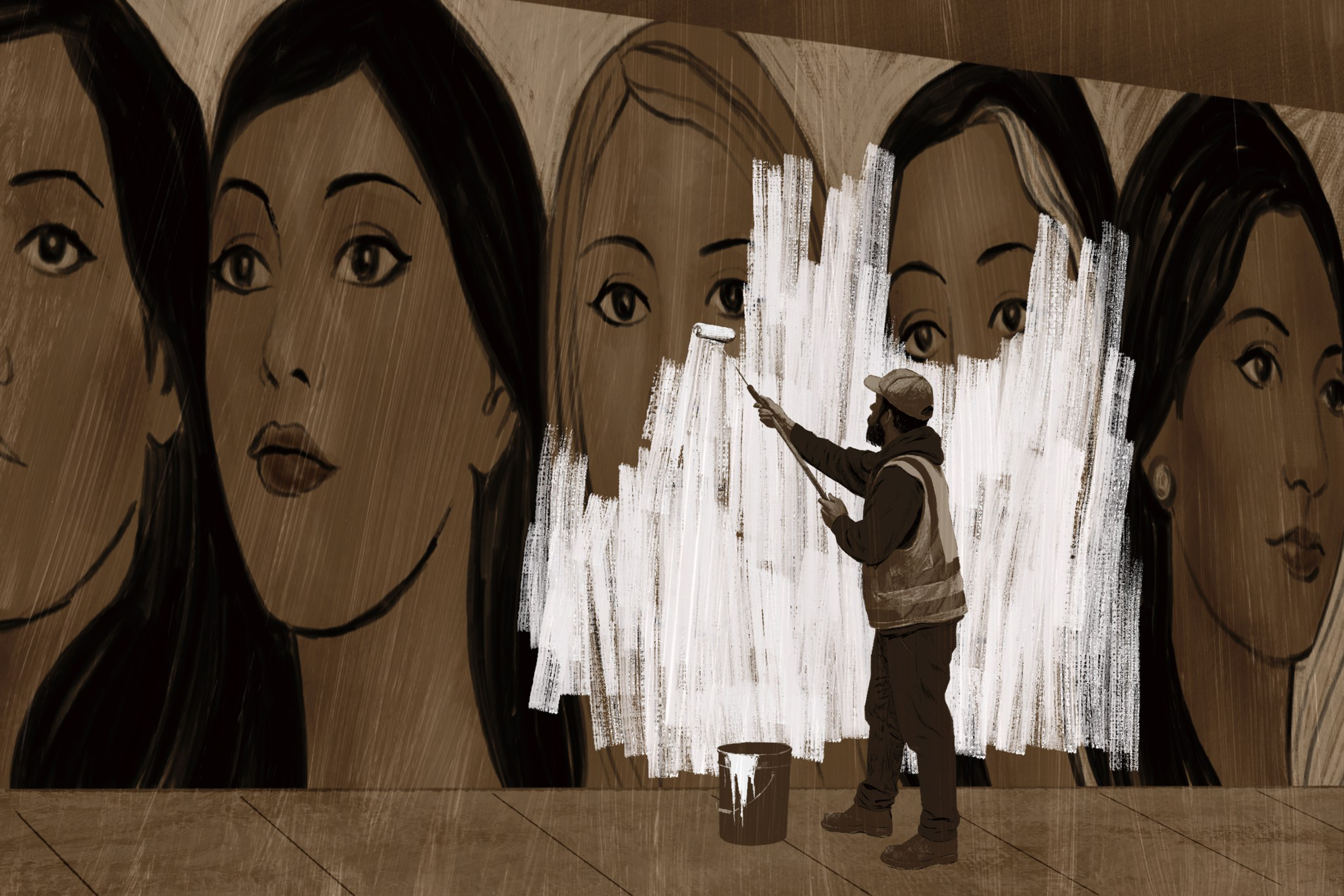 A person is painting over a mural of five women's faces with white paint using a roller.