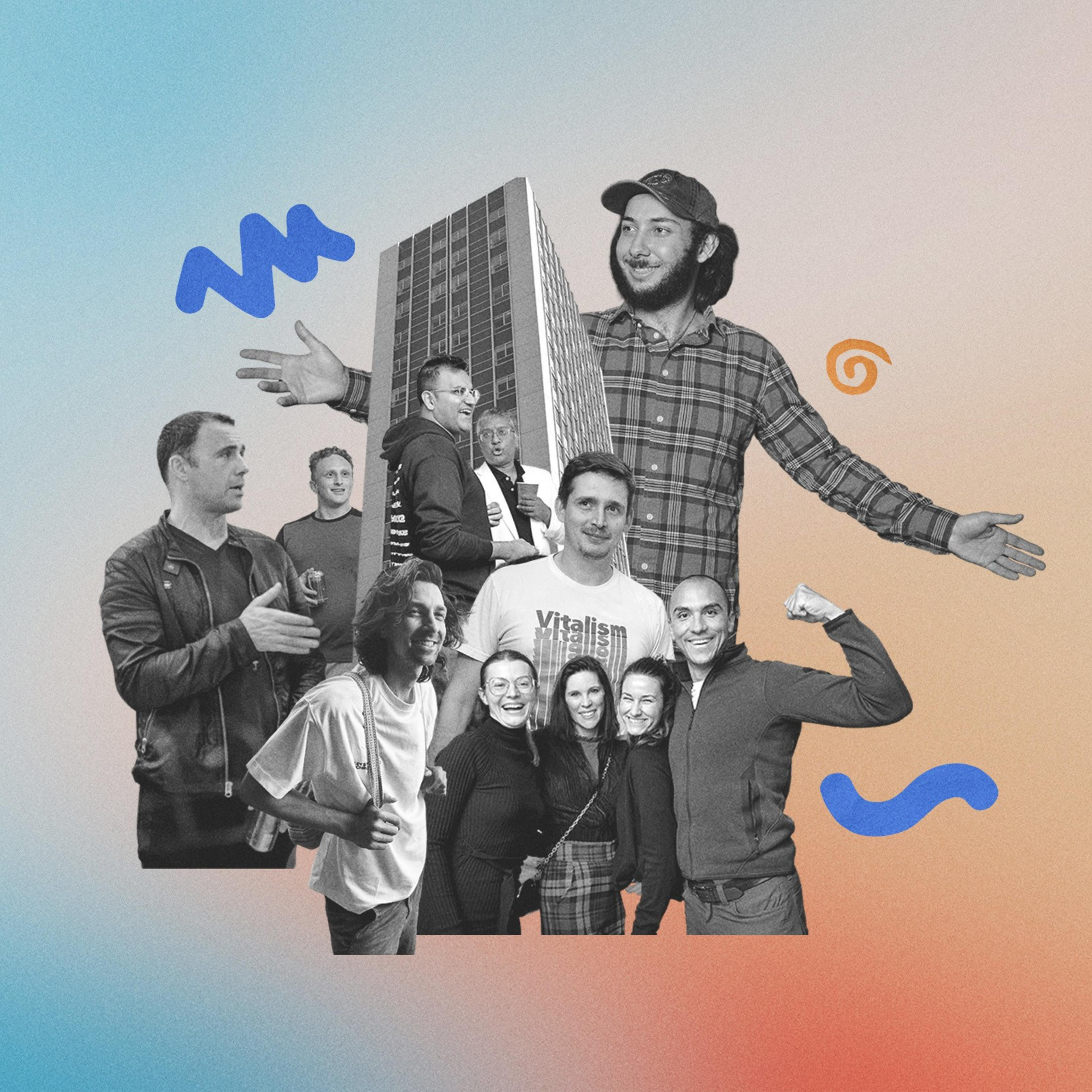 A photo collage featuring various men and women surrounding a tall building.