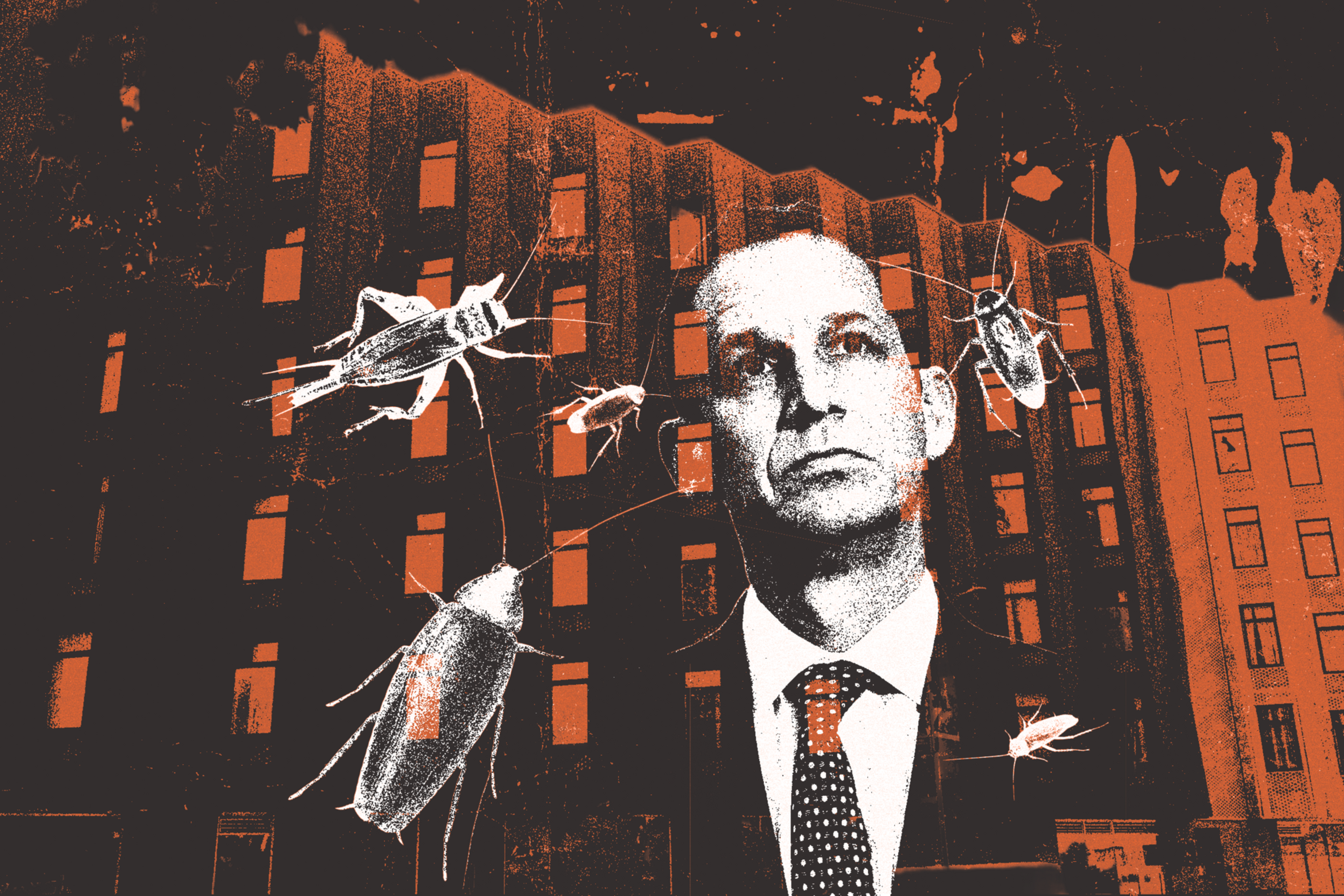 A photo illustration depicting a man's face against a building.