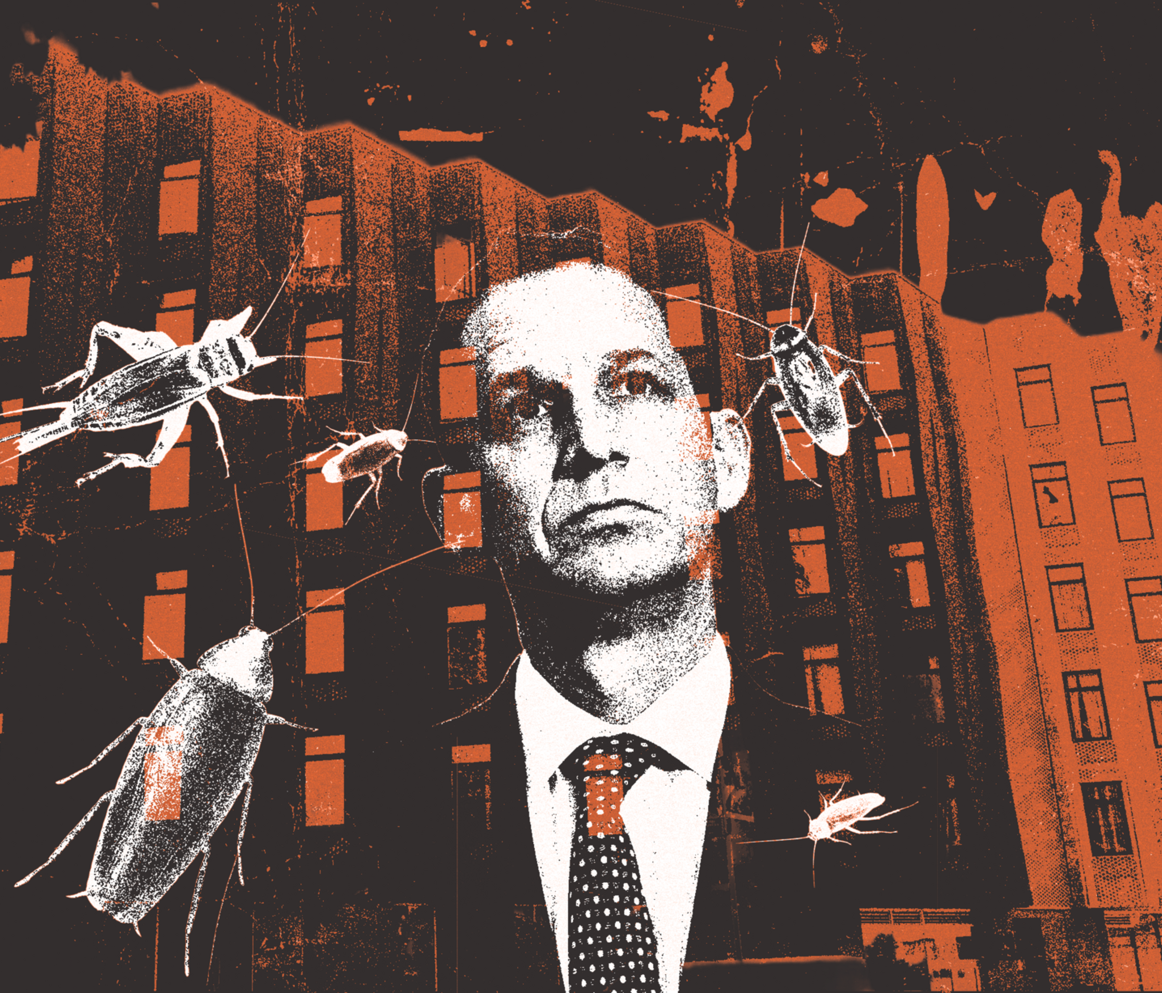 A photo illustration depicting a man's face against a building.
