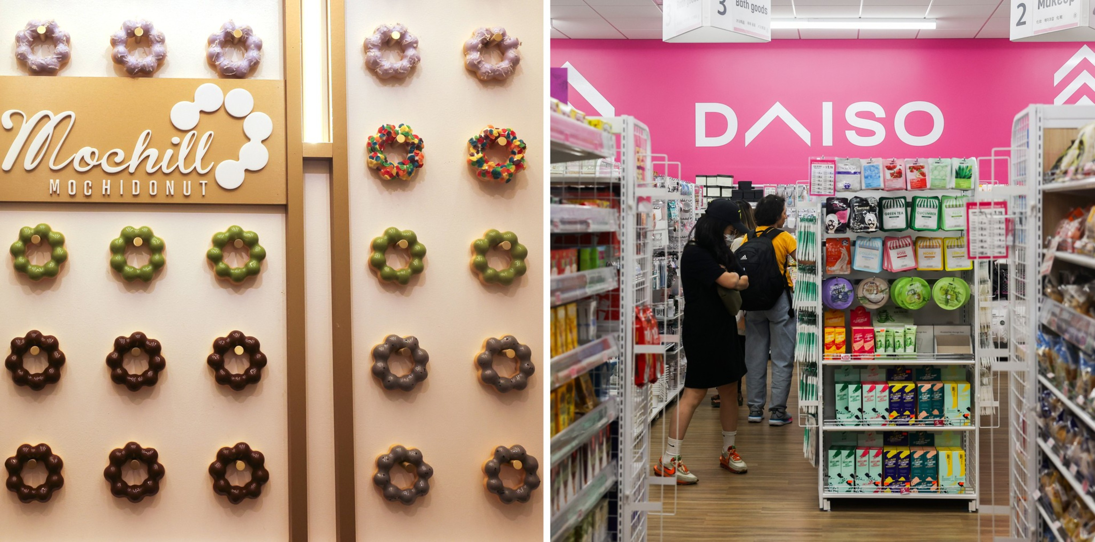 Colorful mochi donuts are displayed on a wall under the sign "Mochill Mochidonut," while customers shop in a bright store with "DAISO" branded on a pink wall.
