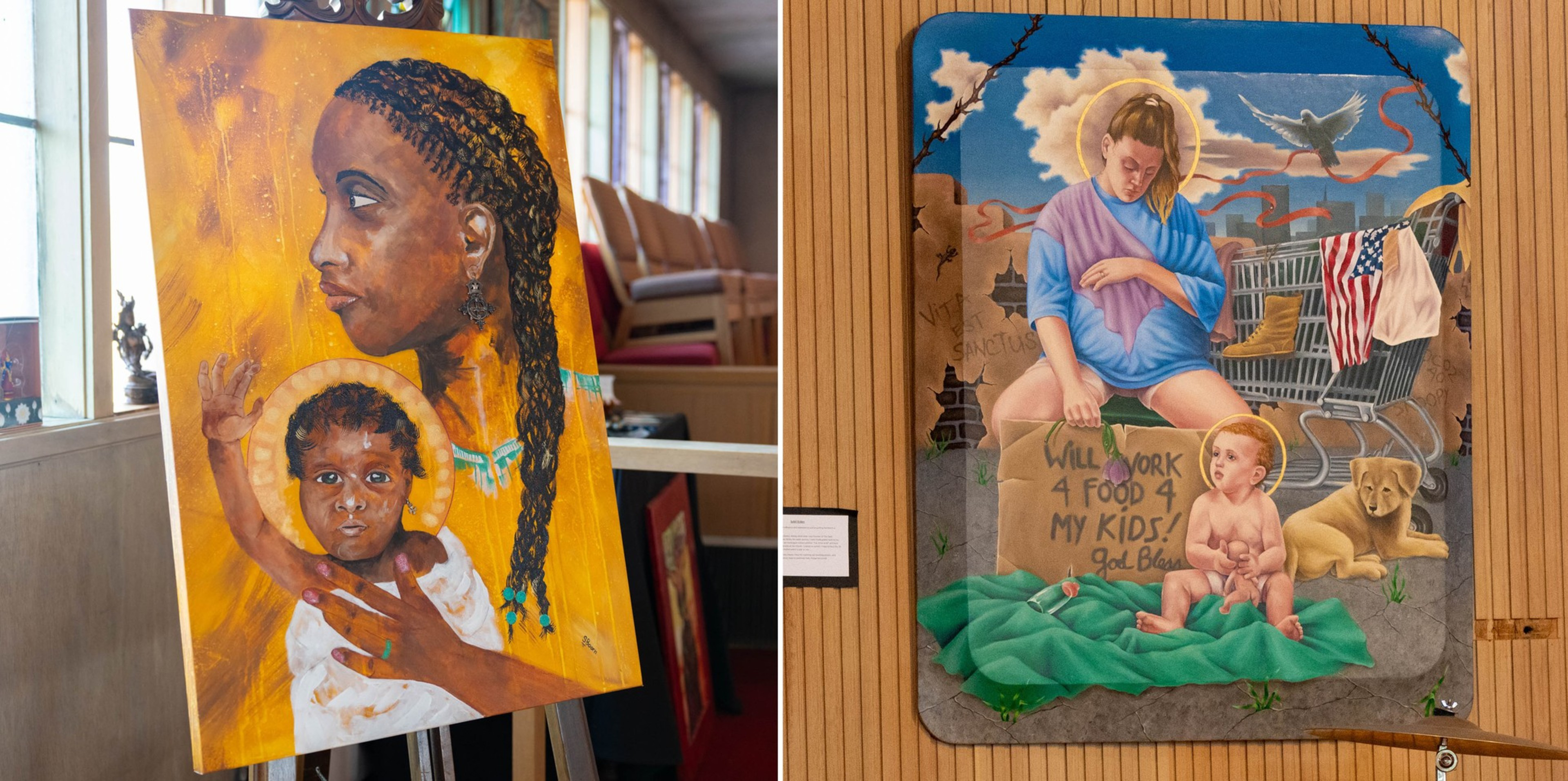 Two side by side photos of artwork depicting women with children.