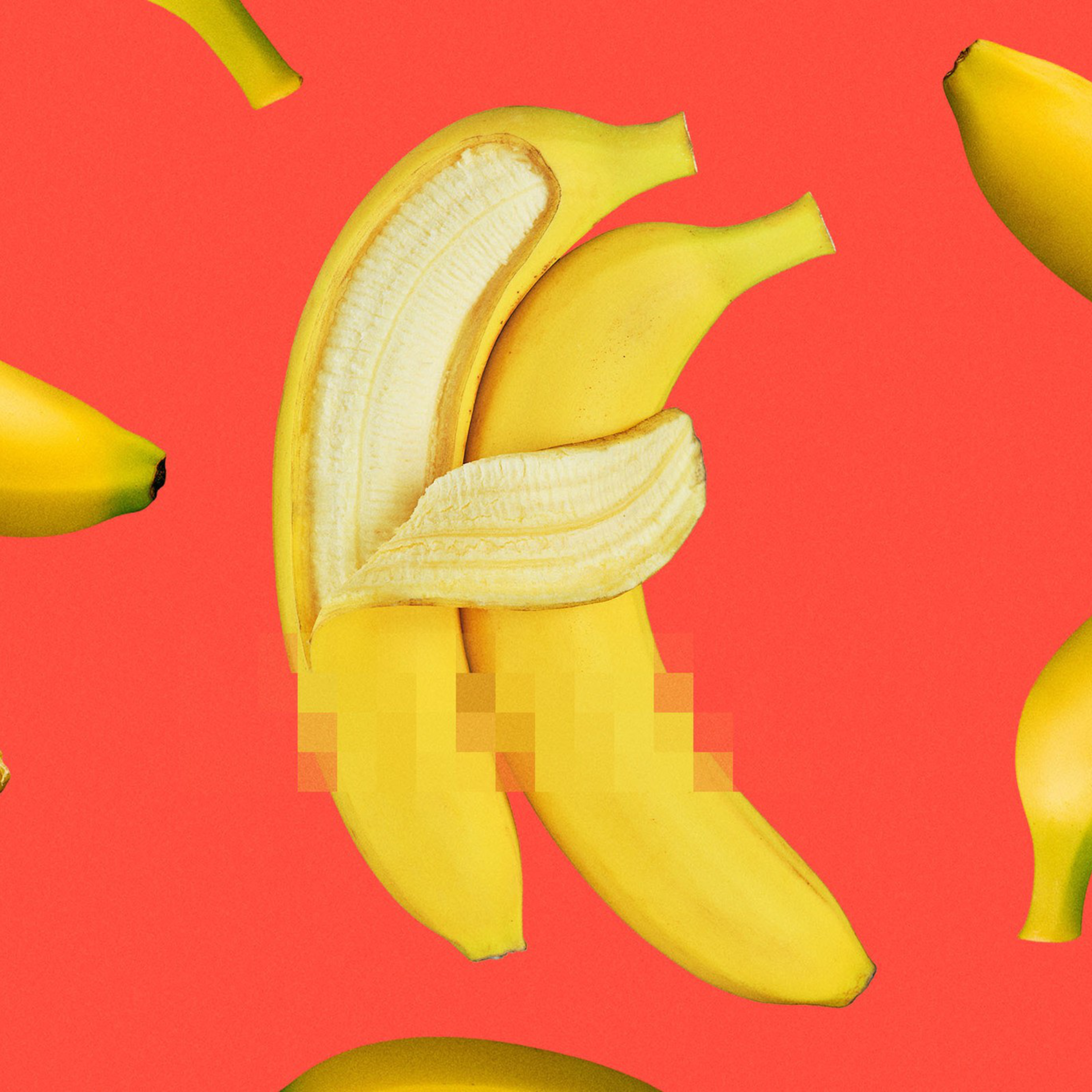 A partially peeled banana is centered against a red background, surrounded by whole bananas positioned in various directions.